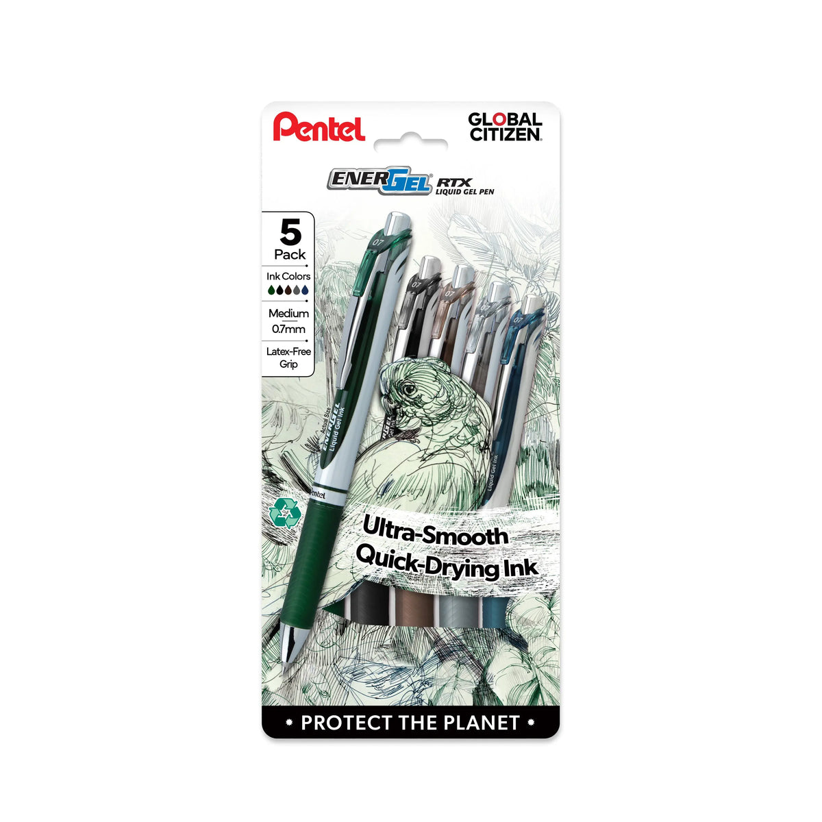 Package of five Pentel EnerGel RTX medium point gel pens in assorted ink colors with translucent barrels and green textured grips