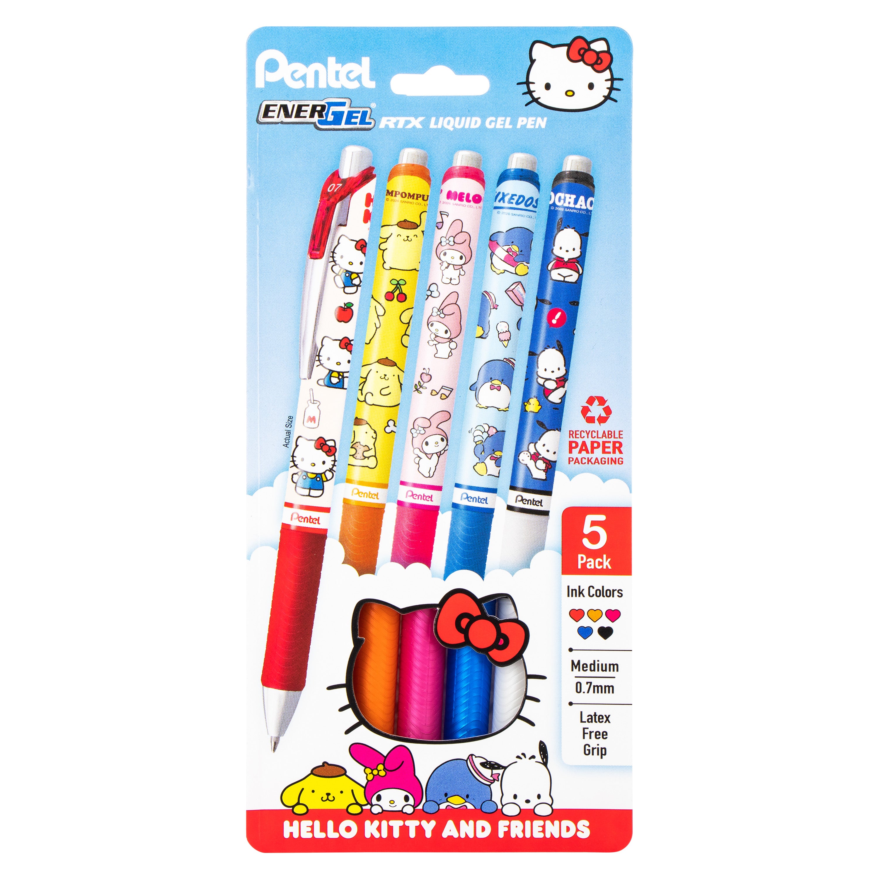 Pentel EnerGel RTX Liquid Gel Pen, Hello Kitty® and Friends, Limited Edition, Mix 2, 0.7mm, Med Line, Assorted Ink , 5-Pk