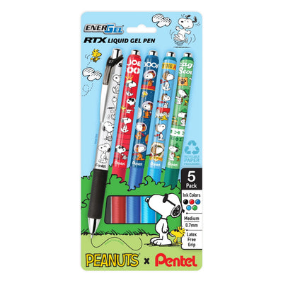 PEANUTS x Pentel EnerGel RTX Gel Pens, Snoopy Limited Edition Barrels, 0.7mm, Assorted Ink, 5-Pk