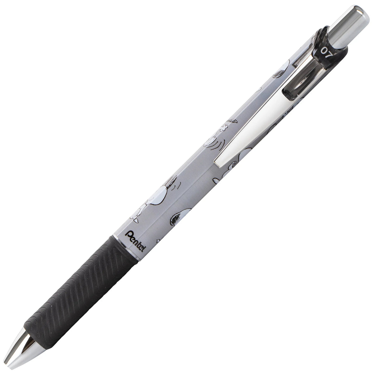 Pentel EnerGel RTX gel pen with a Snoopy patterned barrel silver clip textured black grip and 0.7mm medium point for smooth writing