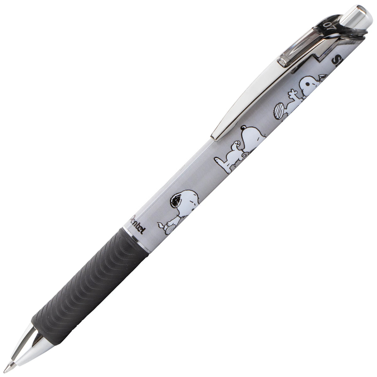 Snoopy themed Pentel EnerGel gel pen with a silver barrel black rubber grip retractable button and fine metal tip