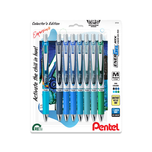 EnerGel RTX Retractable Liquid Gel Pen, Chill Expressions Pack, (0.7mm) Medium Line, Assorted Ink, 8-Pk 