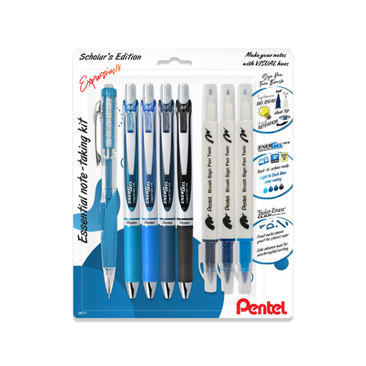 EnerGel RTX, Note-Taking Kit Expressions, (0.7mm) Assorted Ink, Twist-Erase Click (0.7mm), Brush Sign Pen Twin (Light Gray, Steel Blue, Sky Blue) 8-Pk 