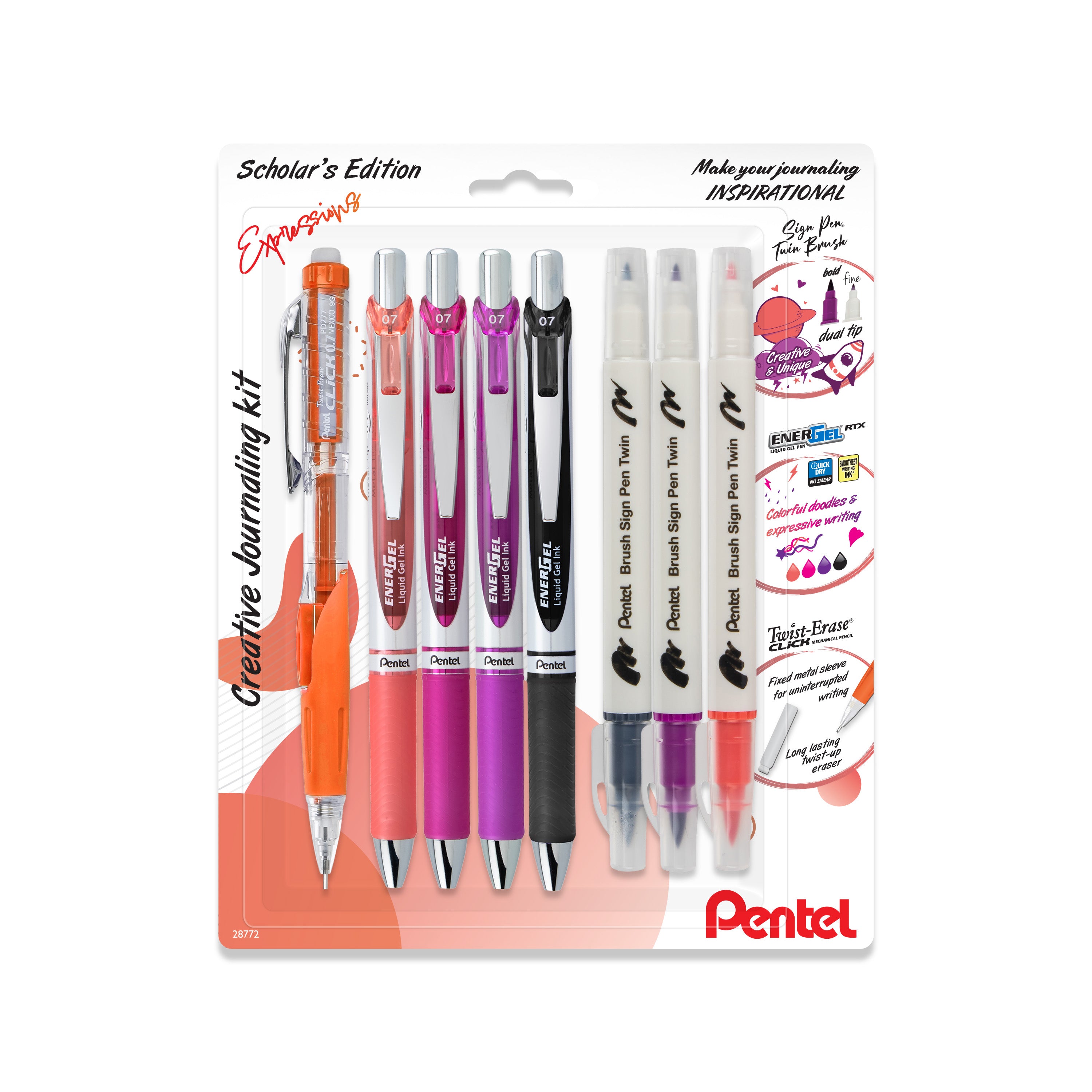 EnerGel RTX, Journaling Kit Expressions, (0.7mm) Assorted Ink, Twist-Erase Click (0.7mm), Brush Sign Pen Twin (Light Gray, Magenta, Coral Pink) 8-Pk