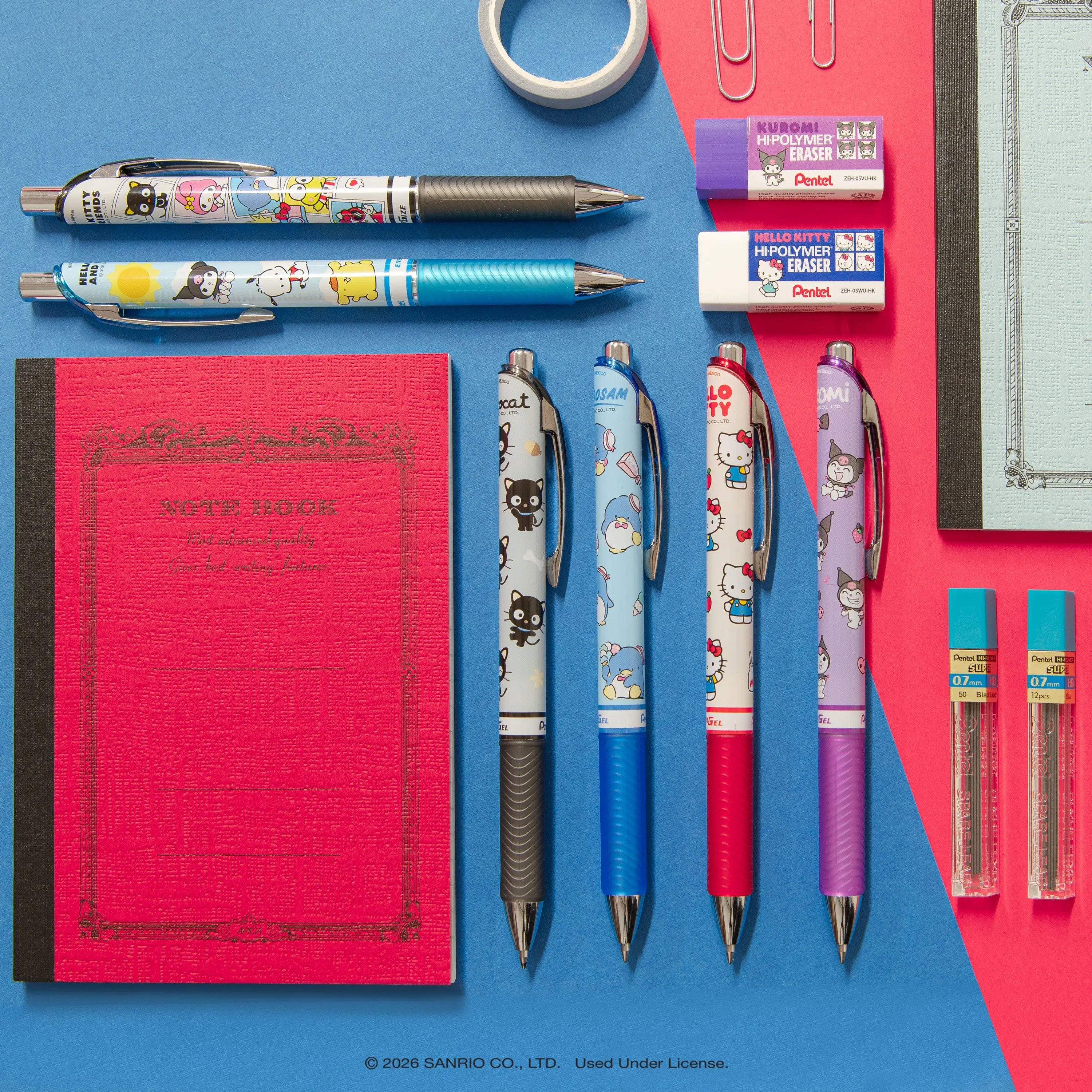 Pentel Writing Essentials Pack, Hello Kitty® and Friends, Limited Edition, EnerGel, EnerGize, 0.7mm, W/Refill Lead and Small Block Erasers, 10-Pk