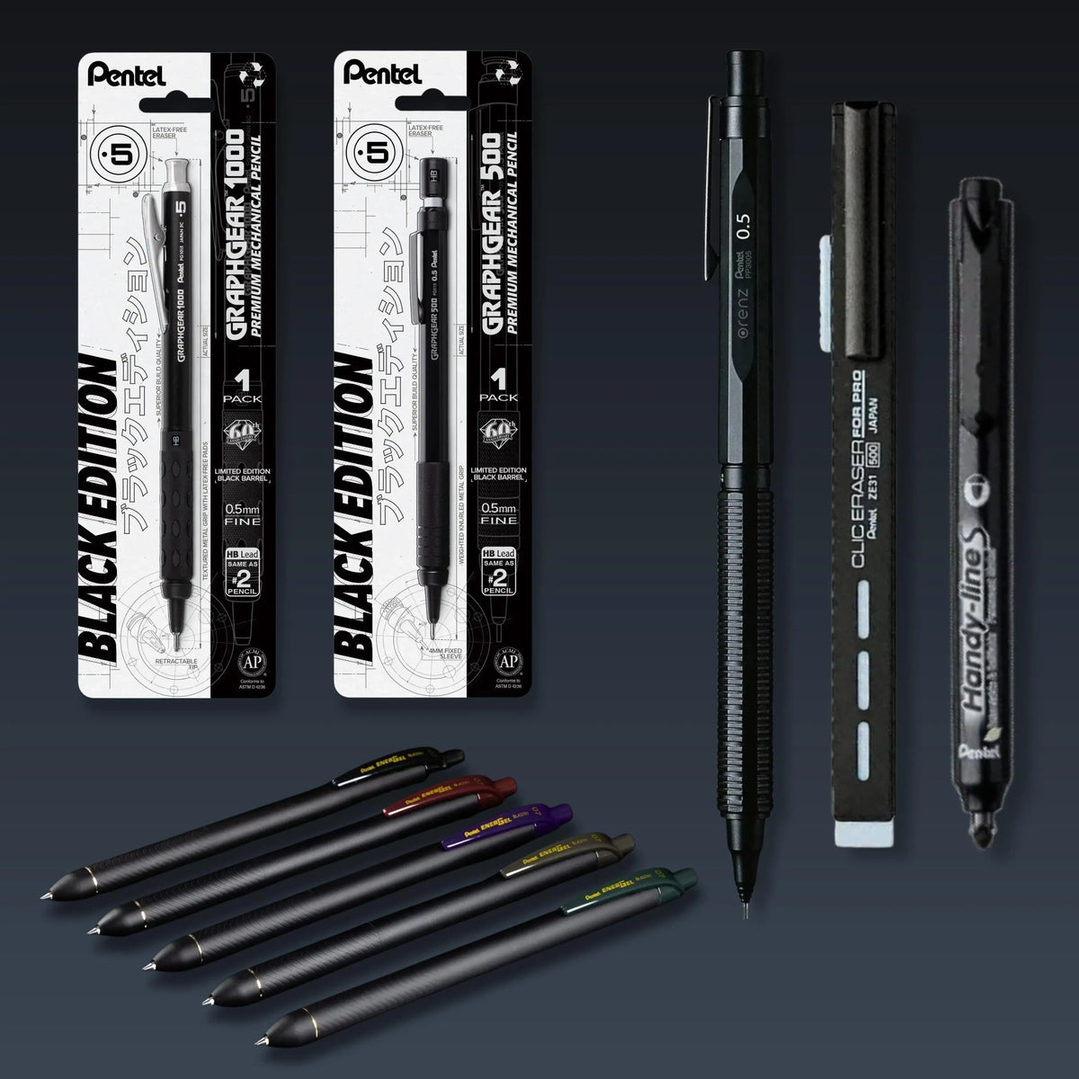 Pentel black writing tools including GraphGear mechanical pencils pens and a Clic Eraser arranged on a dark background for a sleek premium writing collection