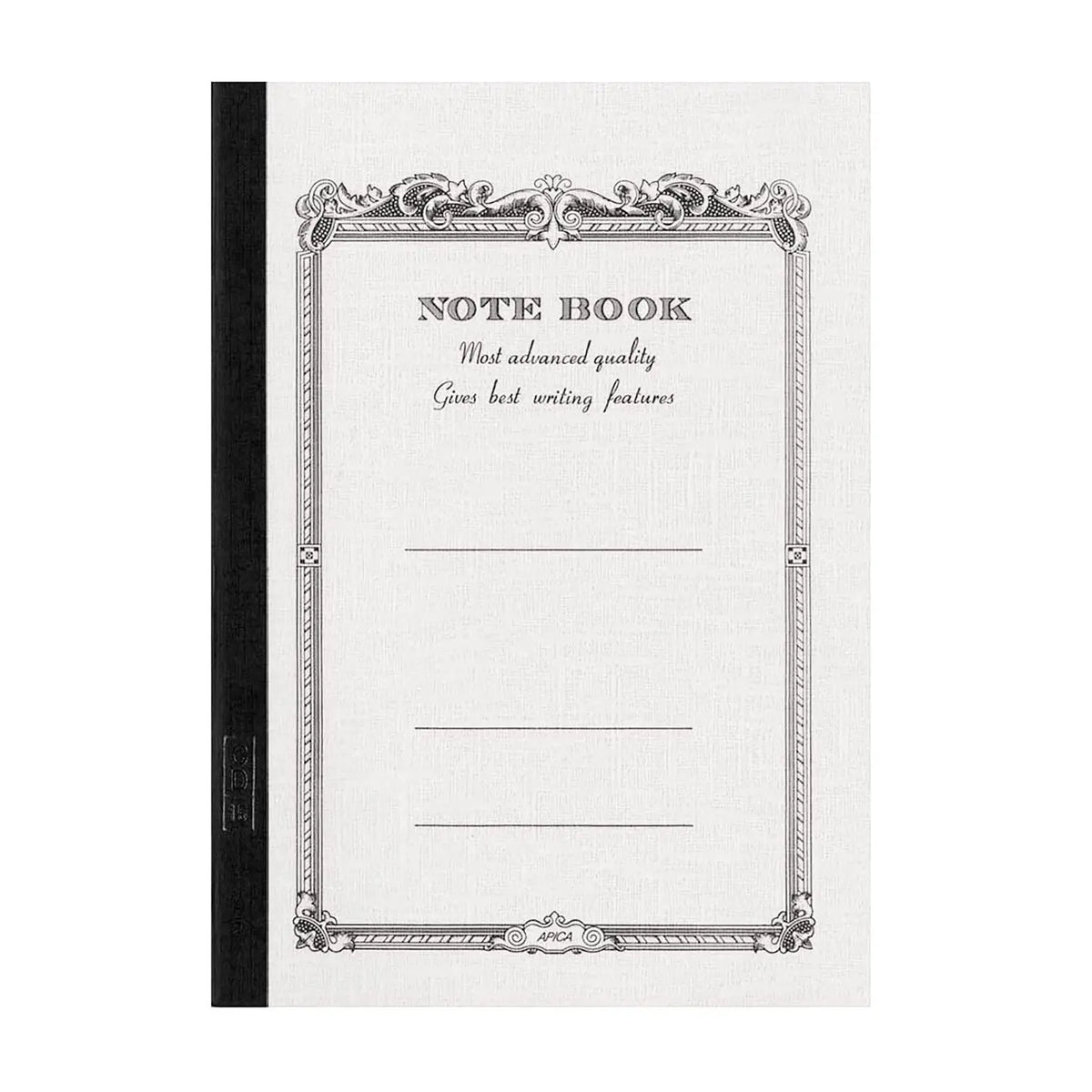 Apica notebook with a white textured cover black spine ornate vintage border NOTE BOOK lettering and ruled writing lines