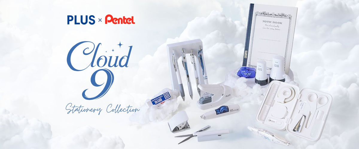 Plus and Pentel Cloud 9 Stationery Collection banner with white pens notebooks and desk accessories arranged among soft clouds against a pale blue background