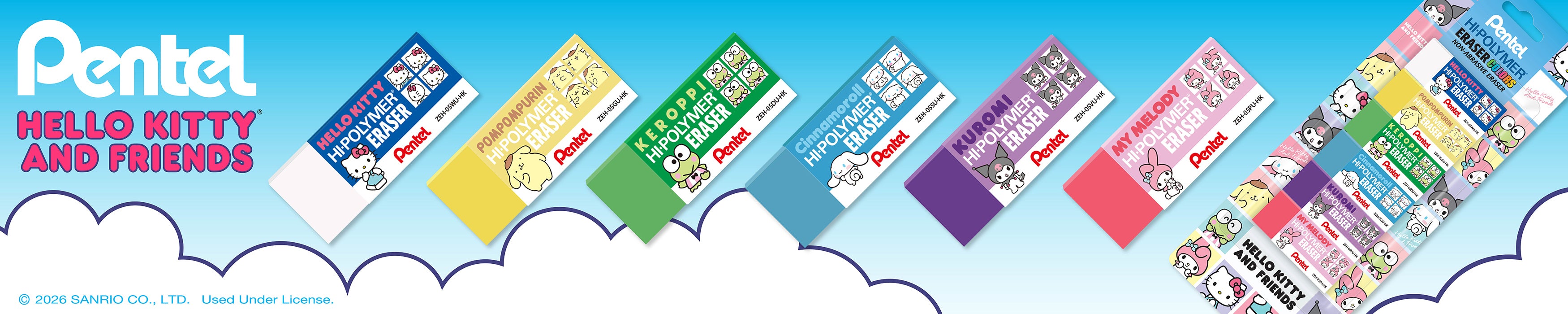 Pentel Hi-Polymer Block Eraser Colors, Hello Kitty® and Friends, Limited Edition, Small Block, Assorted Colors, 6-Pk