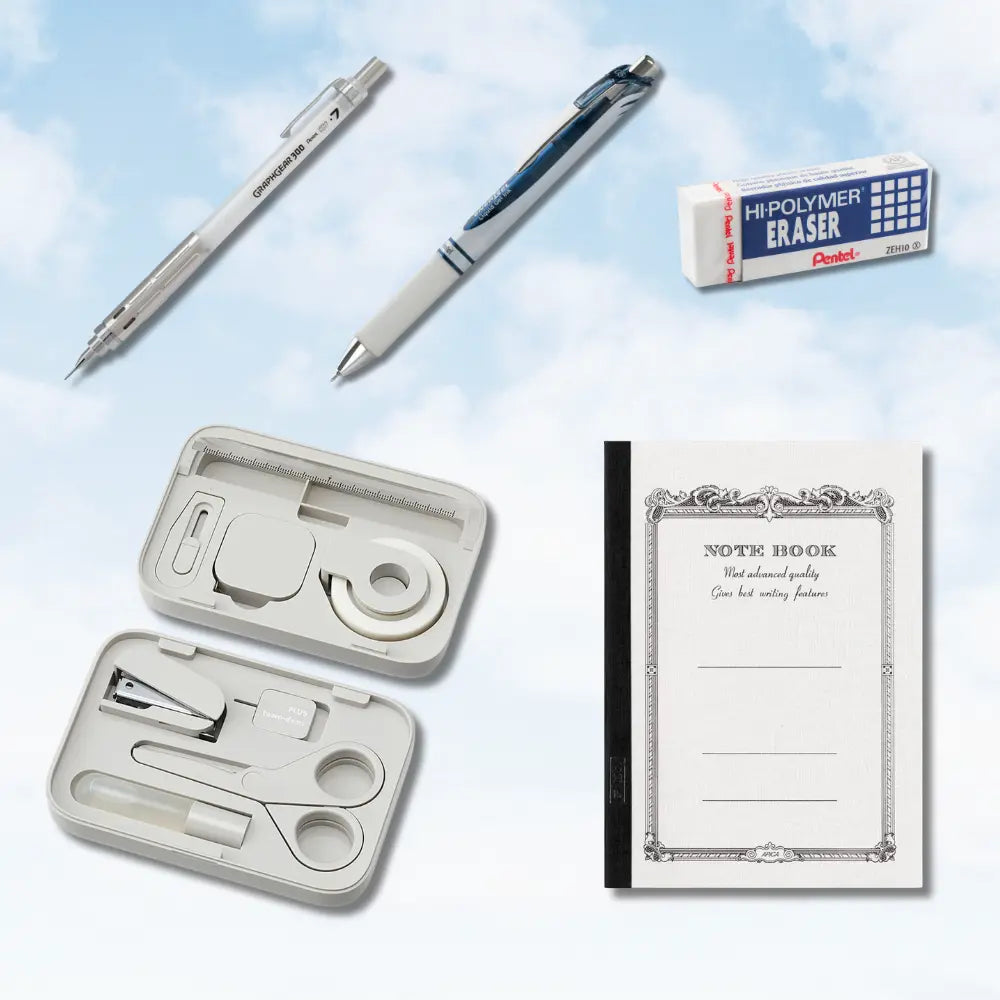 Portable writing essentials set featuring two mechanical pencils a compact organizer case a Pentel Hi-Polymer eraser and a lined notebook on a blue background