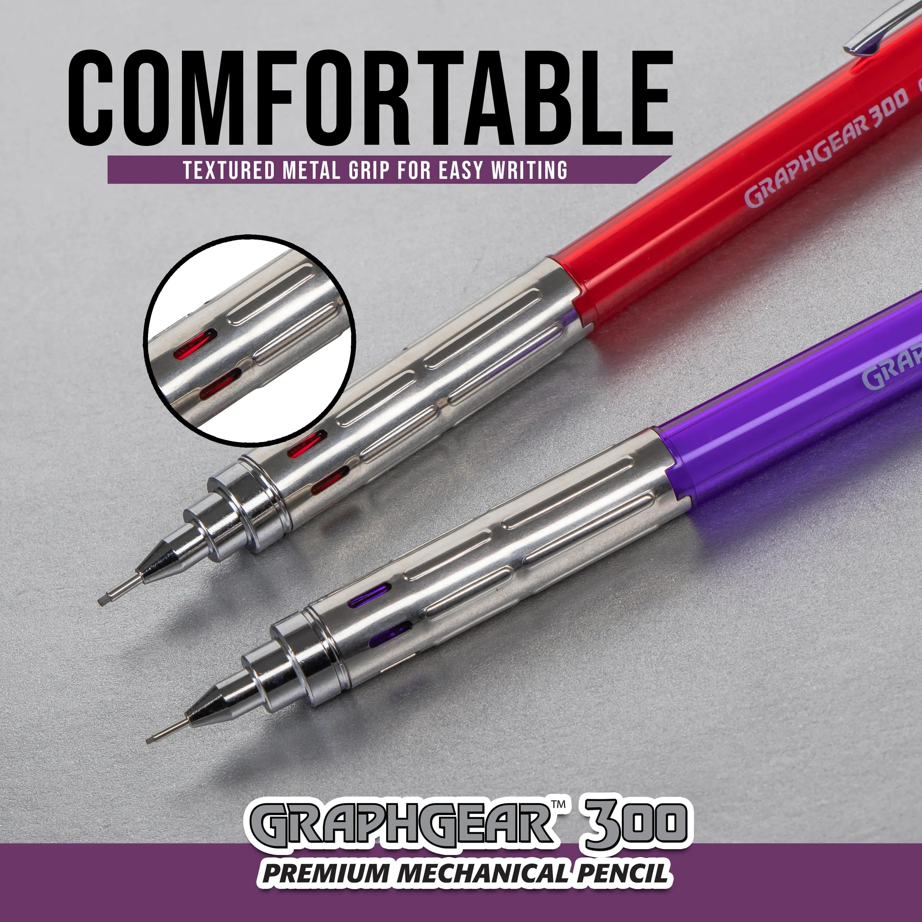 Two Pentel GraphGear 300 mechanical pencils with textured metal grips, one red and one purple, shown for comfortable and precise writing with a close-up on the grip design.