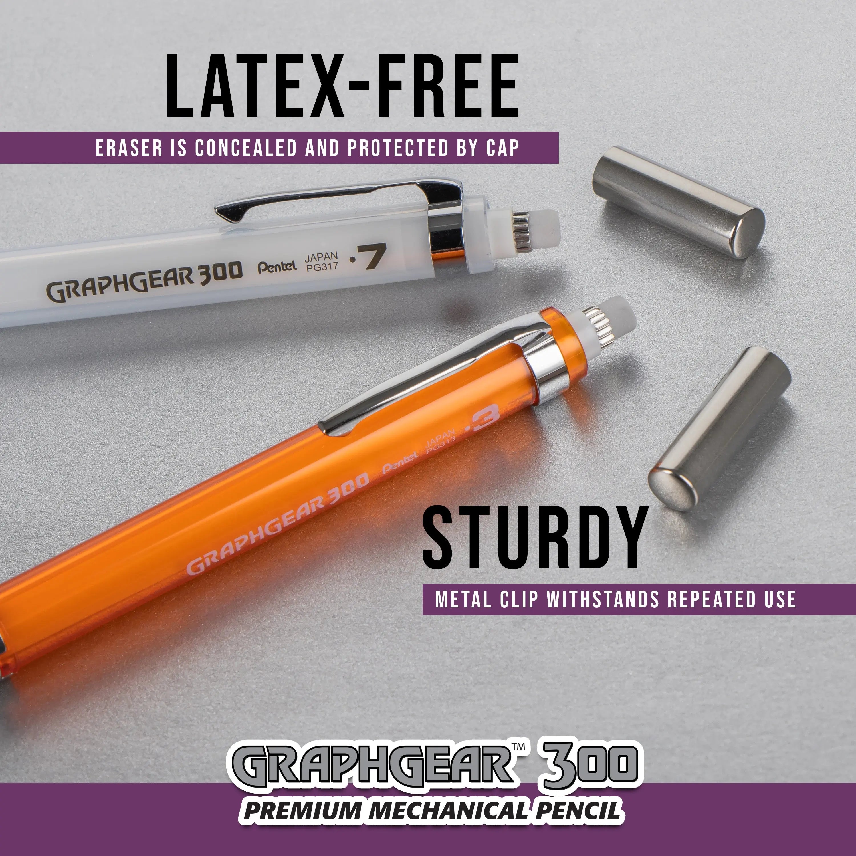 Two Pentel GraphGear 300 mechanical pencils, one white and one orange, with metal clips and caps protecting the concealed erasers, highlighting their sturdy and latex-free design.