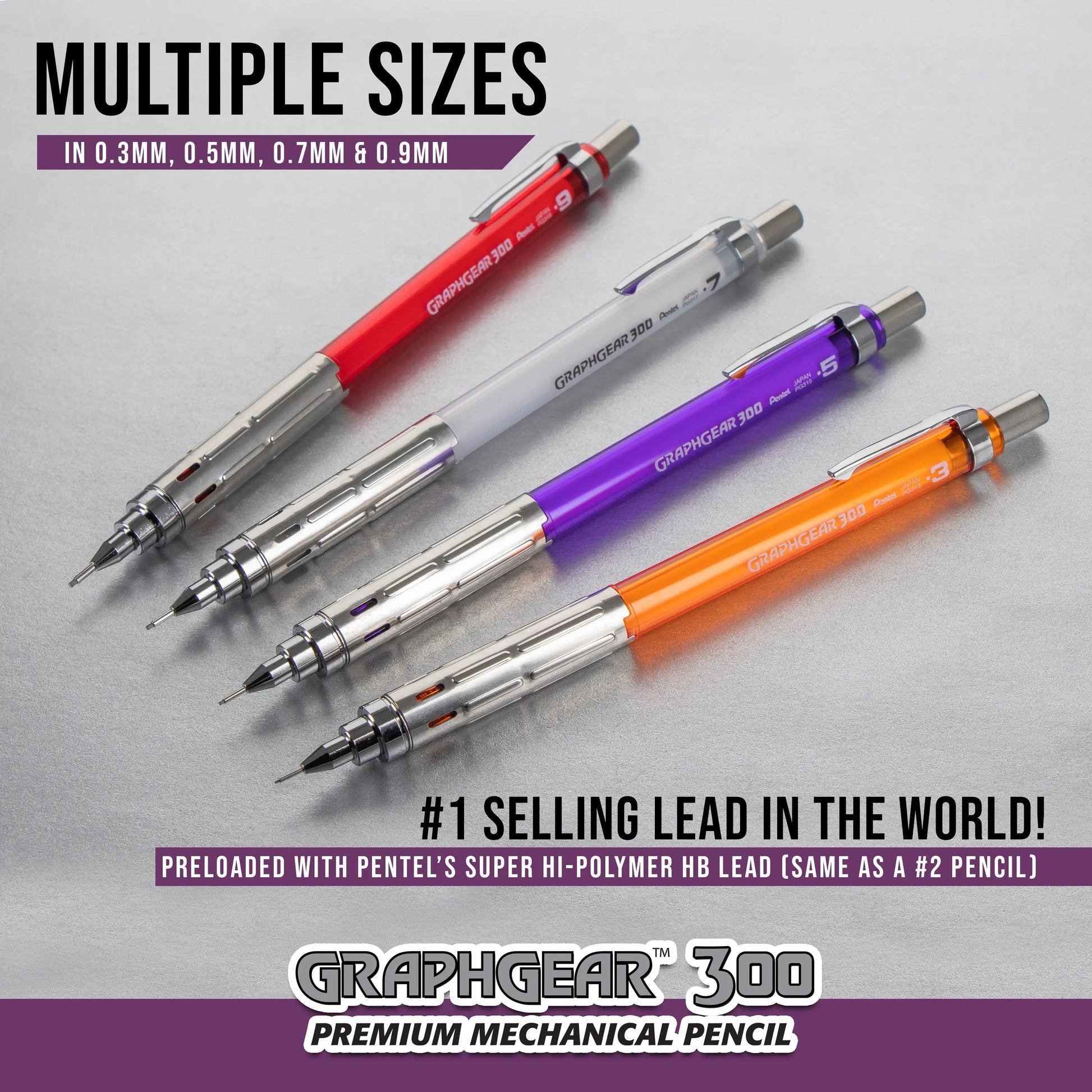 Four Pentel GraphGear 300 mechanical pencils in assorted colors with metal grips displayed on a light surface, highlighting precision lead sizes and premium quality writing tools.