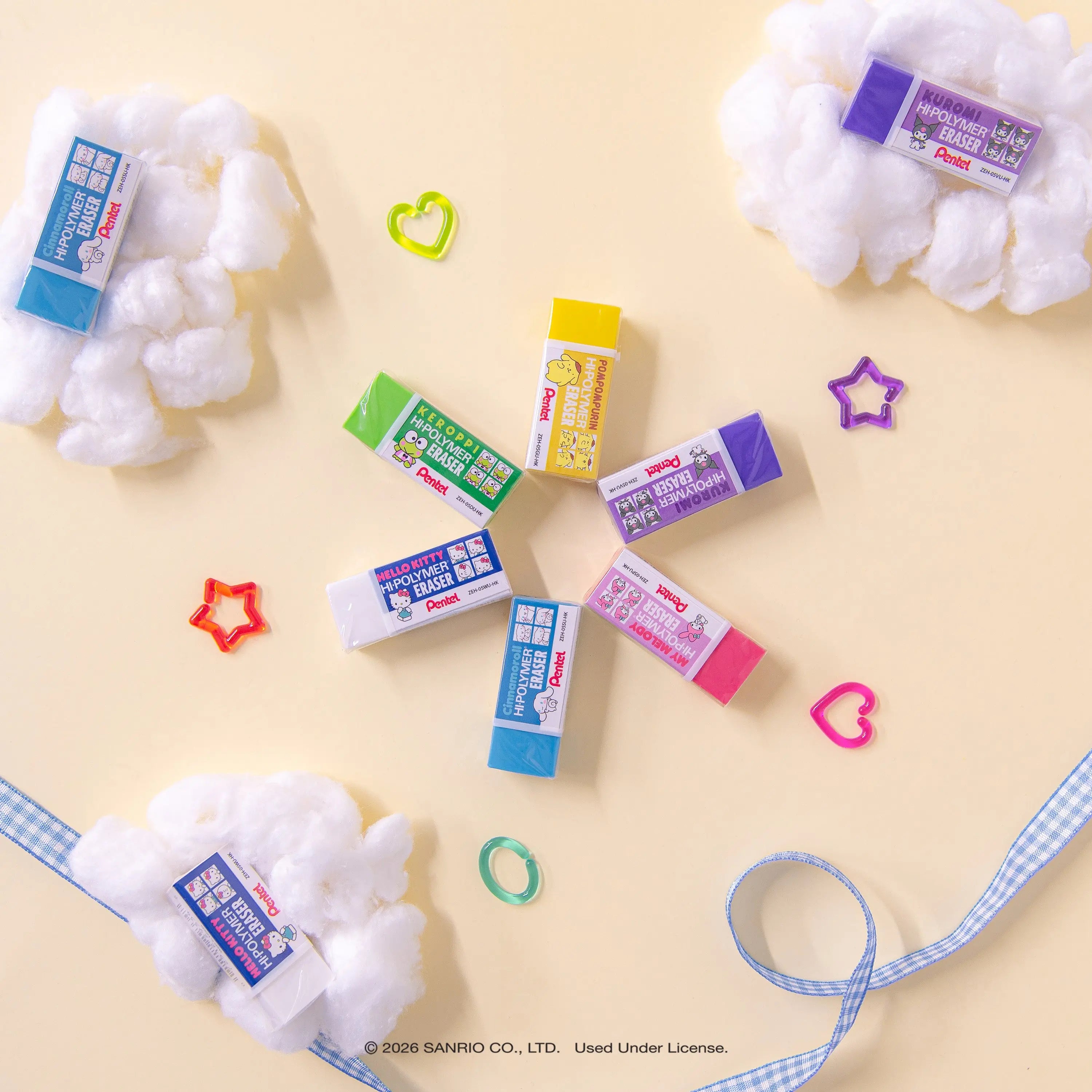 Pentel Hi-Polymer Eraser Colors, Hello Kitty® and Friends, Small Assorted Colors Block Eraser, Canister Display - 48 Pcs