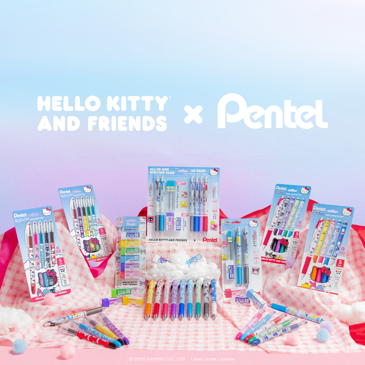 Hello Kitty and Friends stationery display featuring colorful pens, mechanical pencils, markers, and erasers arranged against a pastel pink and blue backdrop with Pentel branding