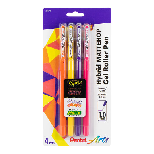 Pentel Arts Hybrid MATTEHOP Gel Roller, 1.0mm, Matte Orange, Matte Yellow, Matte Pink, Matte Violet, Pack of 4 Pens