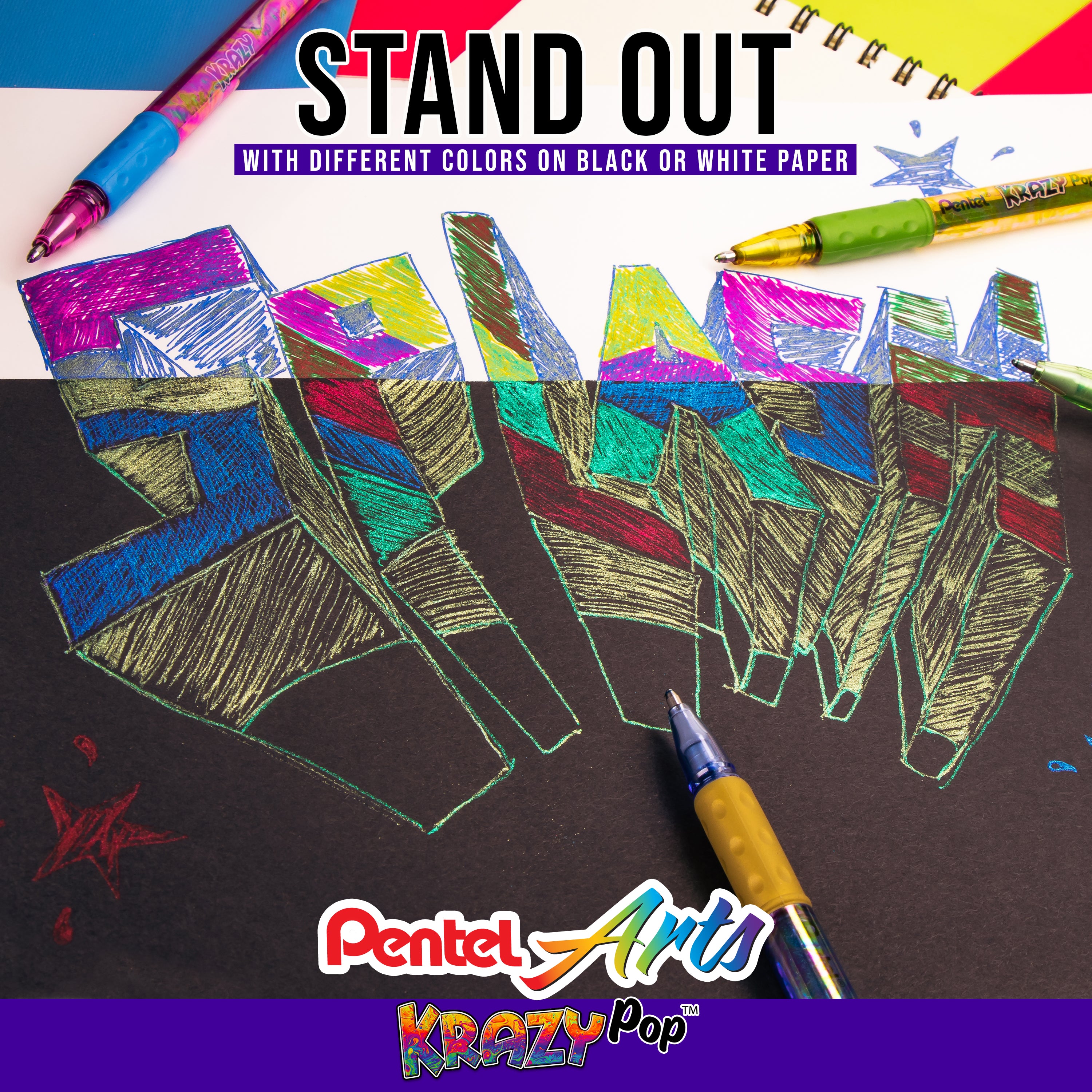 Pentel Sparkle and Krazy Pop, Metallic Gel Ink Pen, (1.0mm), Bold Line, Assorted Ink Colors, 12-Pk