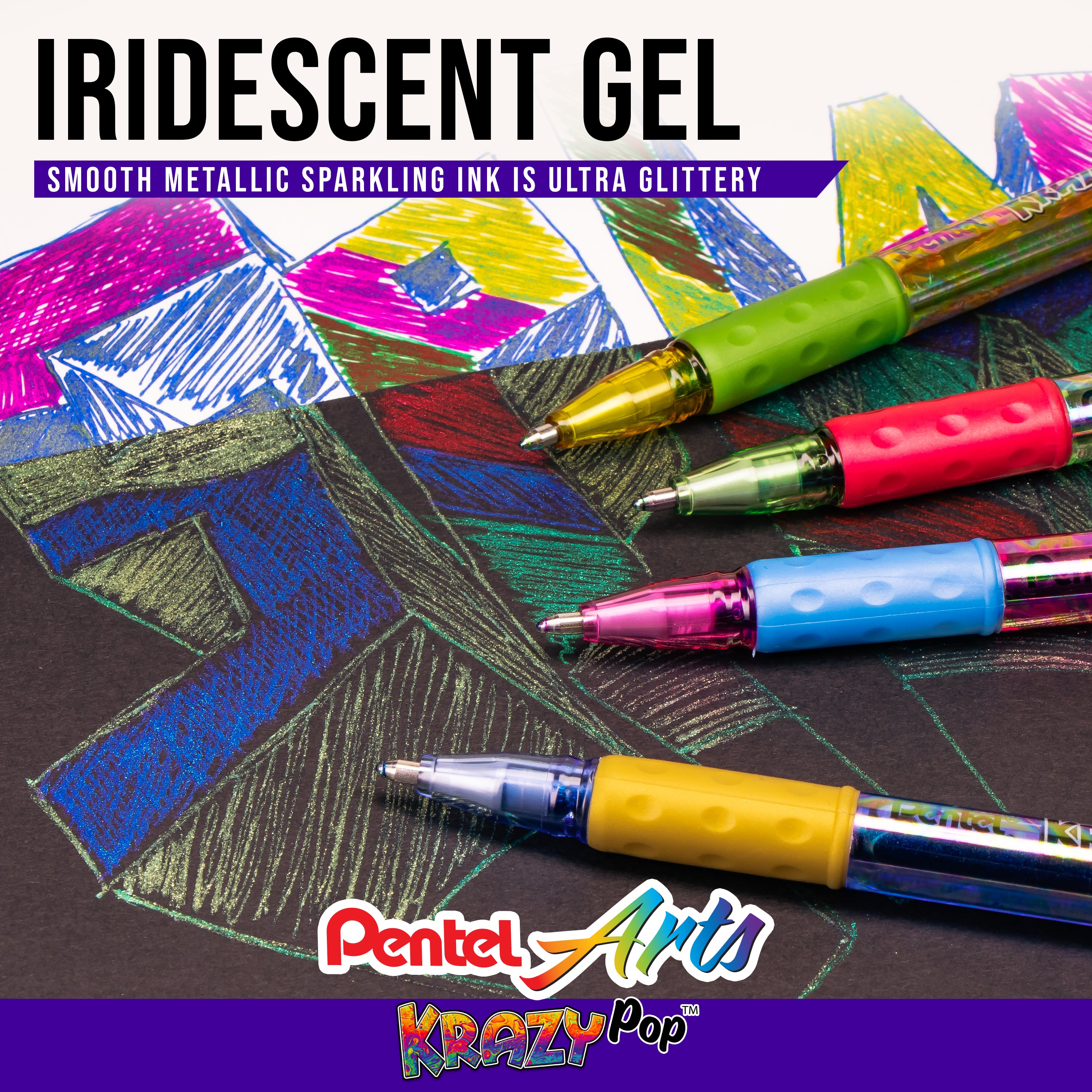 Pentel Sparkle and Krazy Pop, Metallic Gel Ink Pen, (1.0mm), Bold Line, Assorted Ink Colors, 12-Pk