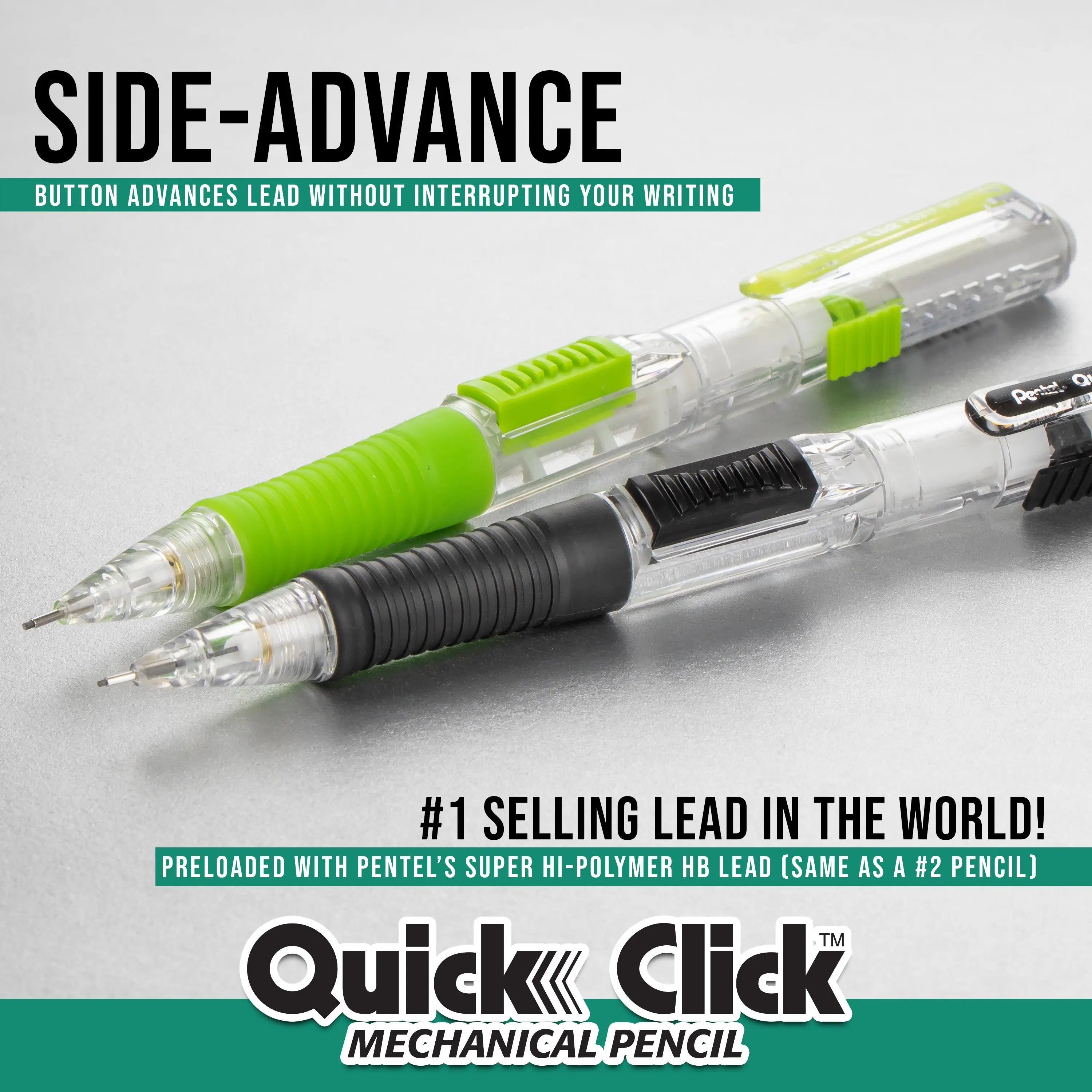 Two mechanical pencils with clear barrels and rubber grips in green and black, featuring side-advance buttons for smooth lead advancement without interrupting writing, highlighting premium design and reliability.