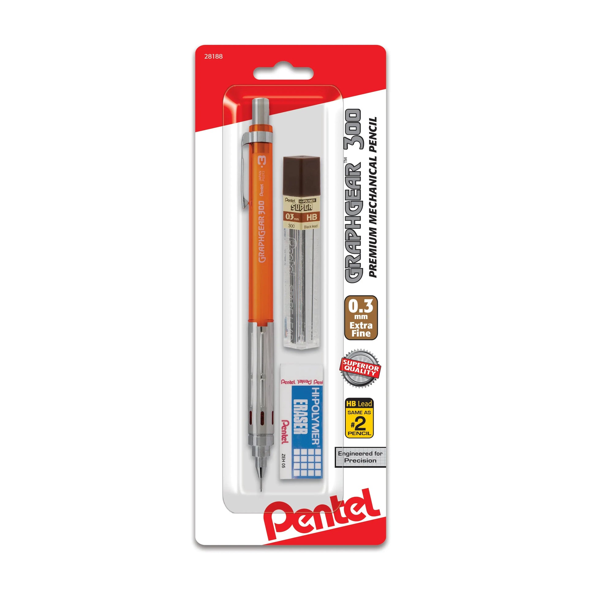 Pentel GraphGear 300 orange mechanical pencil with 0.3 mm extra fine lead small block eraser and refill lead tube in retail packaging