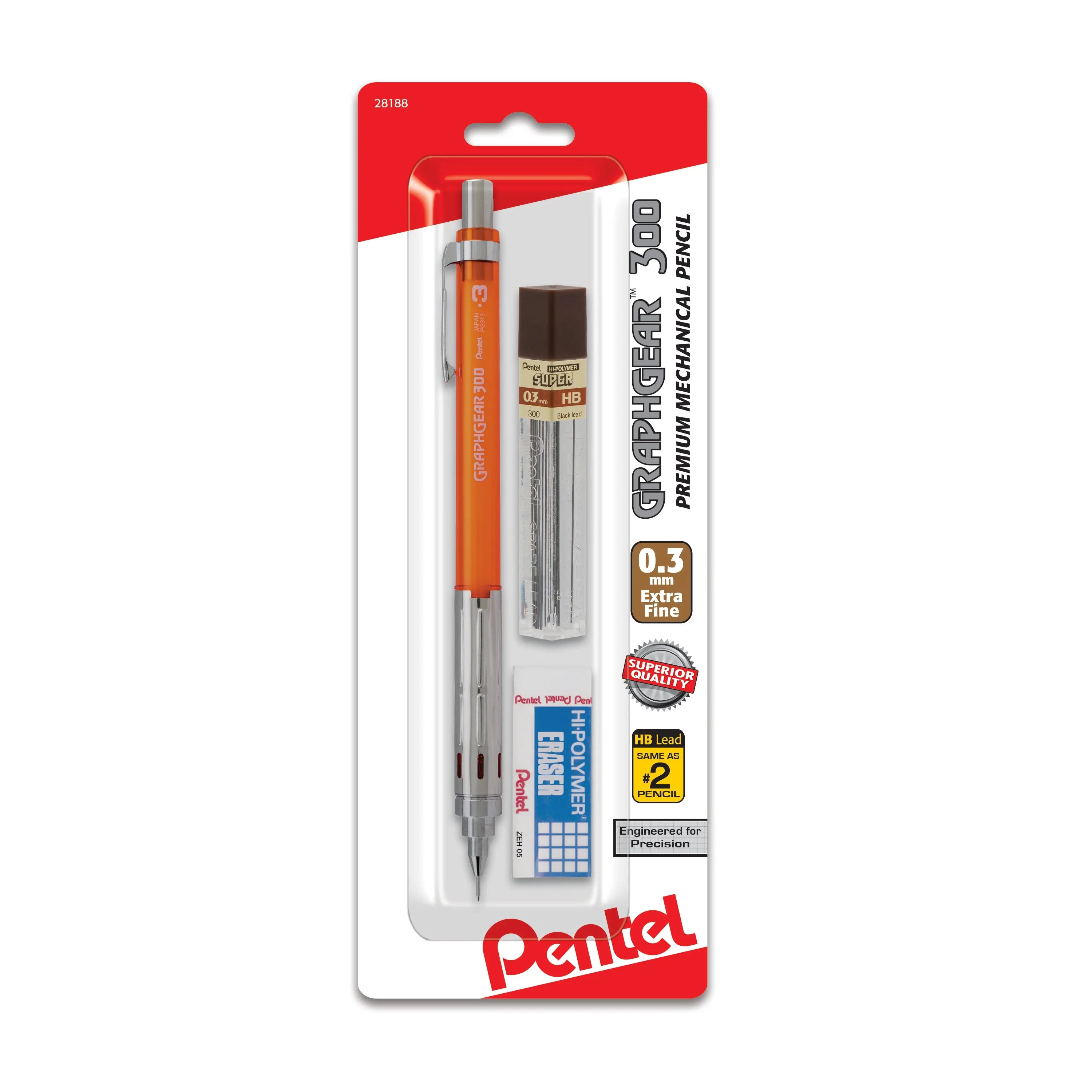 Pentel GraphGear 300 orange mechanical pencil with 0.3 mm extra fine lead small block eraser and refill lead tube in retail packaging