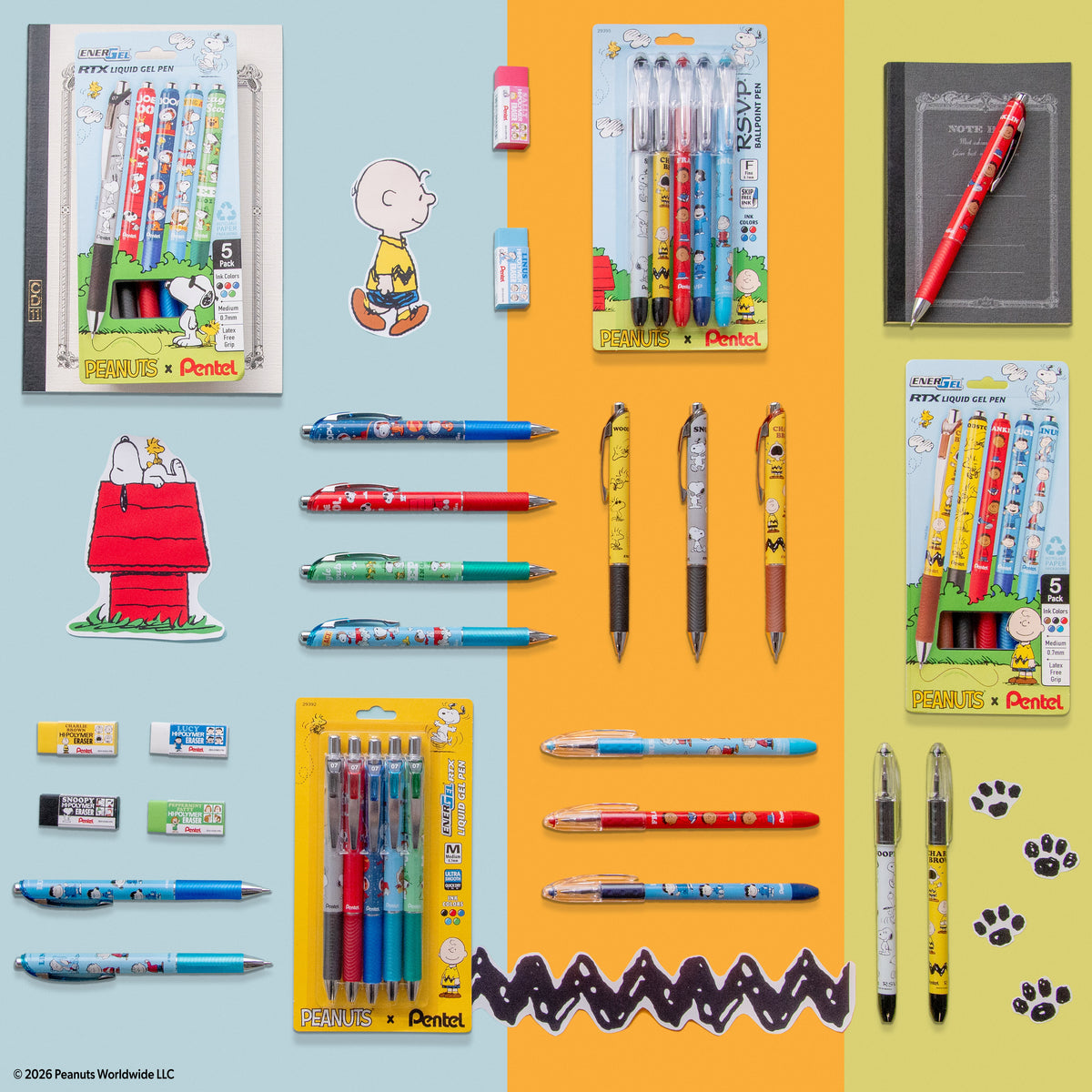 Collage of Peanuts themed Pentel pens, mechanical pencils, and erasers arranged on blue, orange, and yellow backgrounds with Snoopy and Charlie Brown artwork