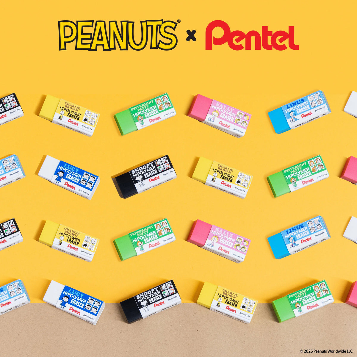 Peanuts and Pentel logos above a colorful pattern of rectangular erasers in yellow blue green pink and black on a bright yellow background