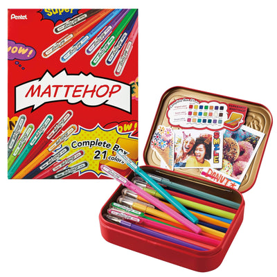 Pentel MATTEHOP Color Gel Pen Set, (1.0 mm), 21 Colors, with Metal Box