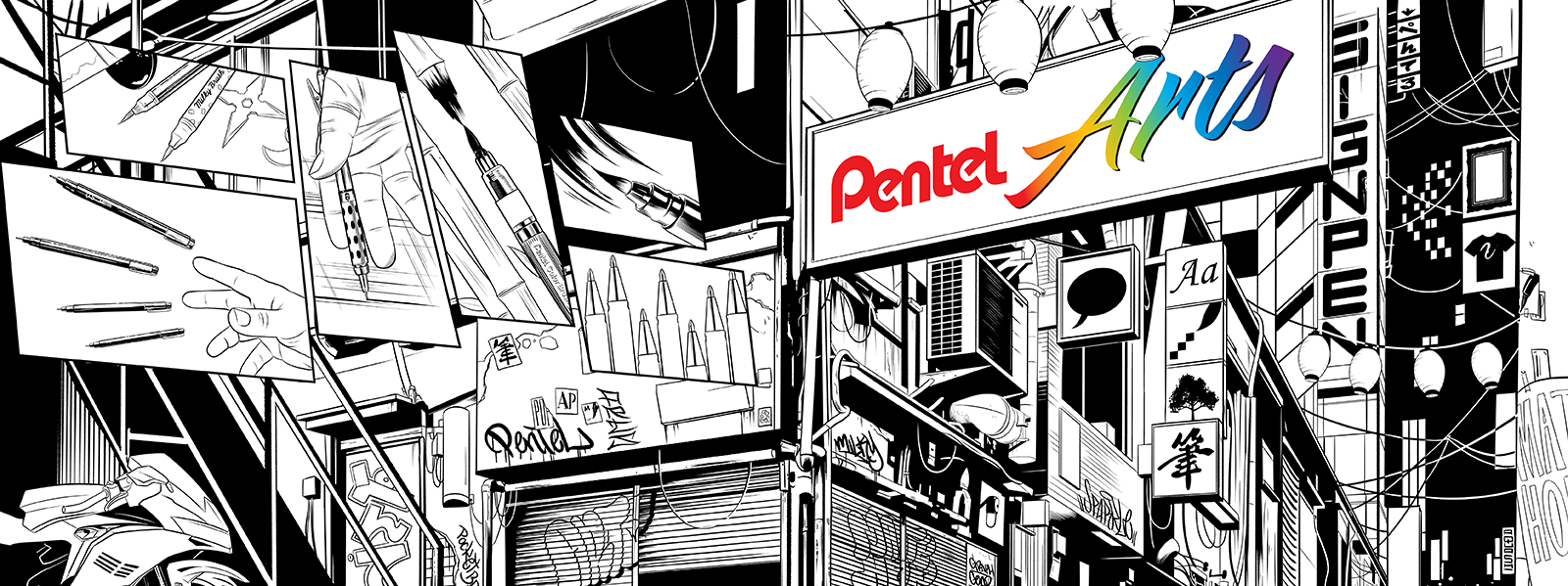 Pentel Arts promotional material with product images and text on a black and white background.