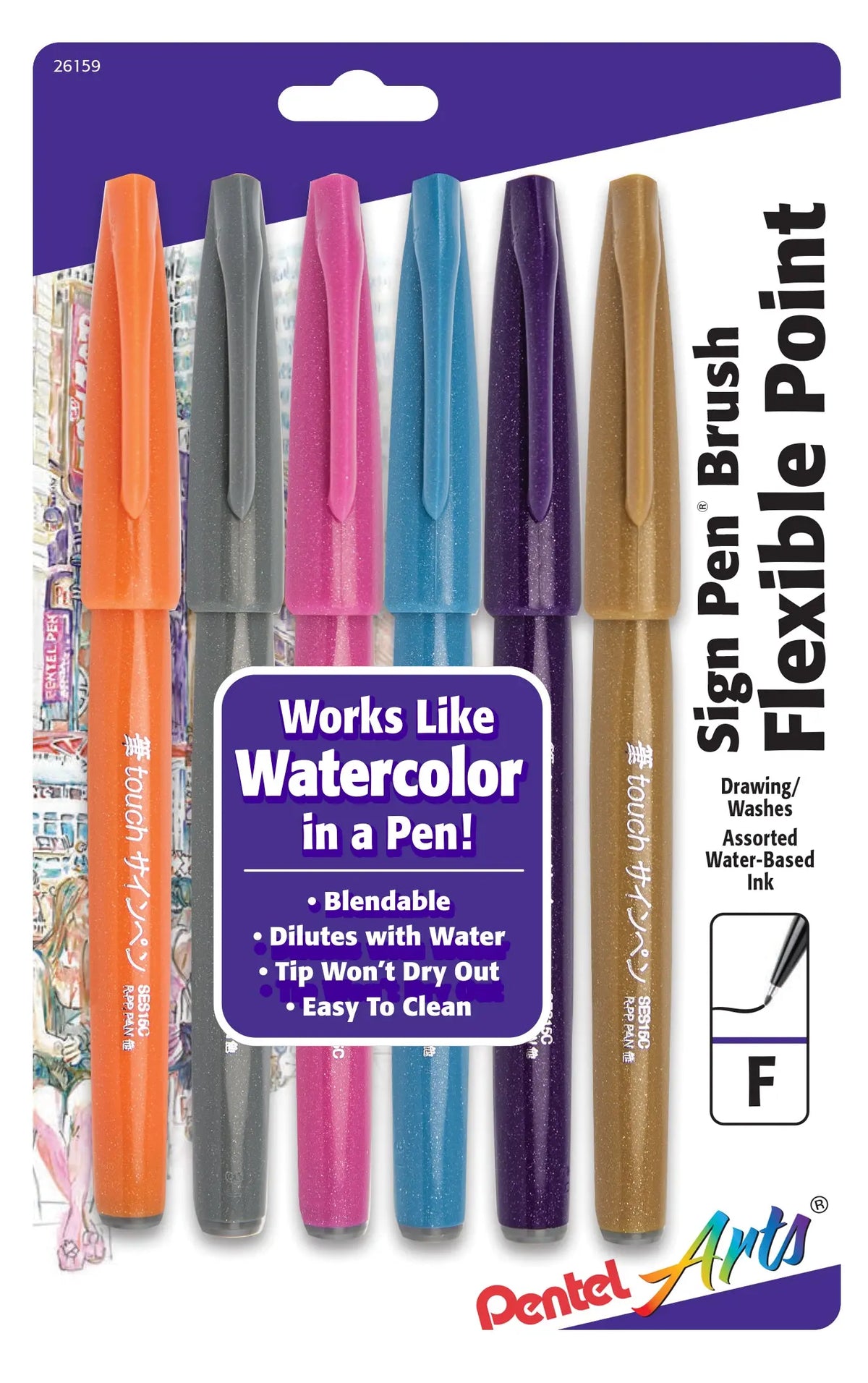 Package of six Pentel Arts Sign Pen Brush Tip pens in orange gray pink blue purple and brown with flexible brush tips for watercolor style lettering and drawing