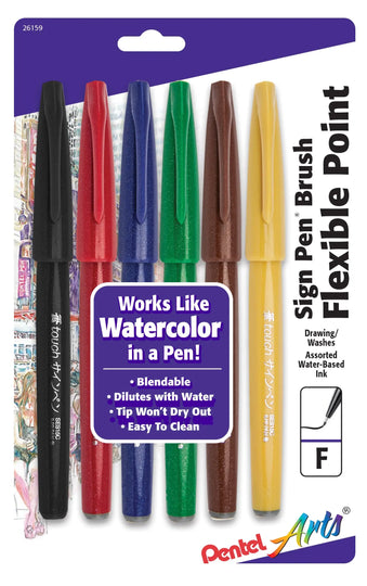 Pentel Arts six assorted color brush pens in retail packaging with flexible tips for expressive drawing lettering and watercolor style effects