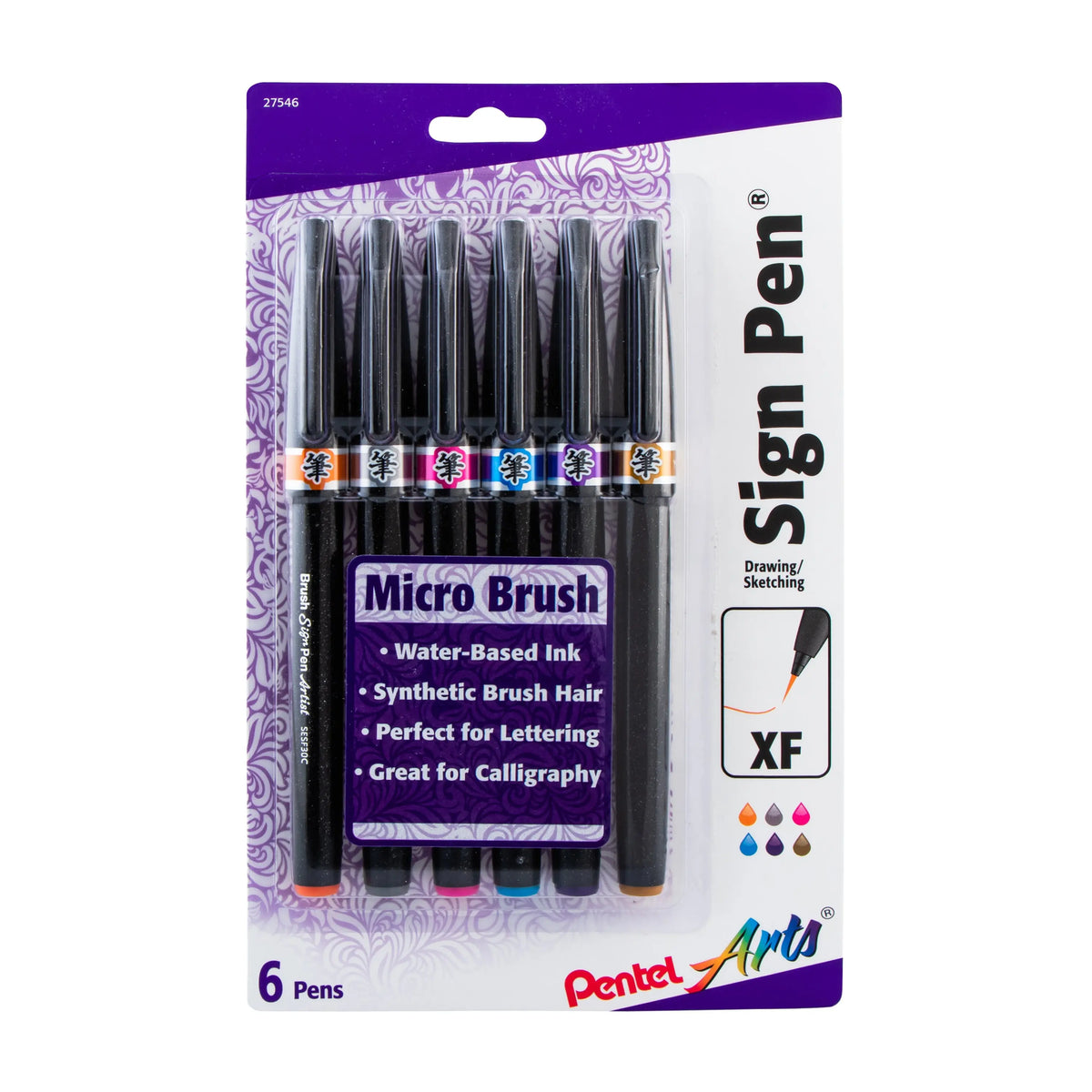 Package of six Pentel Arts Sign Pen Micro Brush pens with assorted ink colors and fine brush tips for lettering calligraphy drawing and sketching