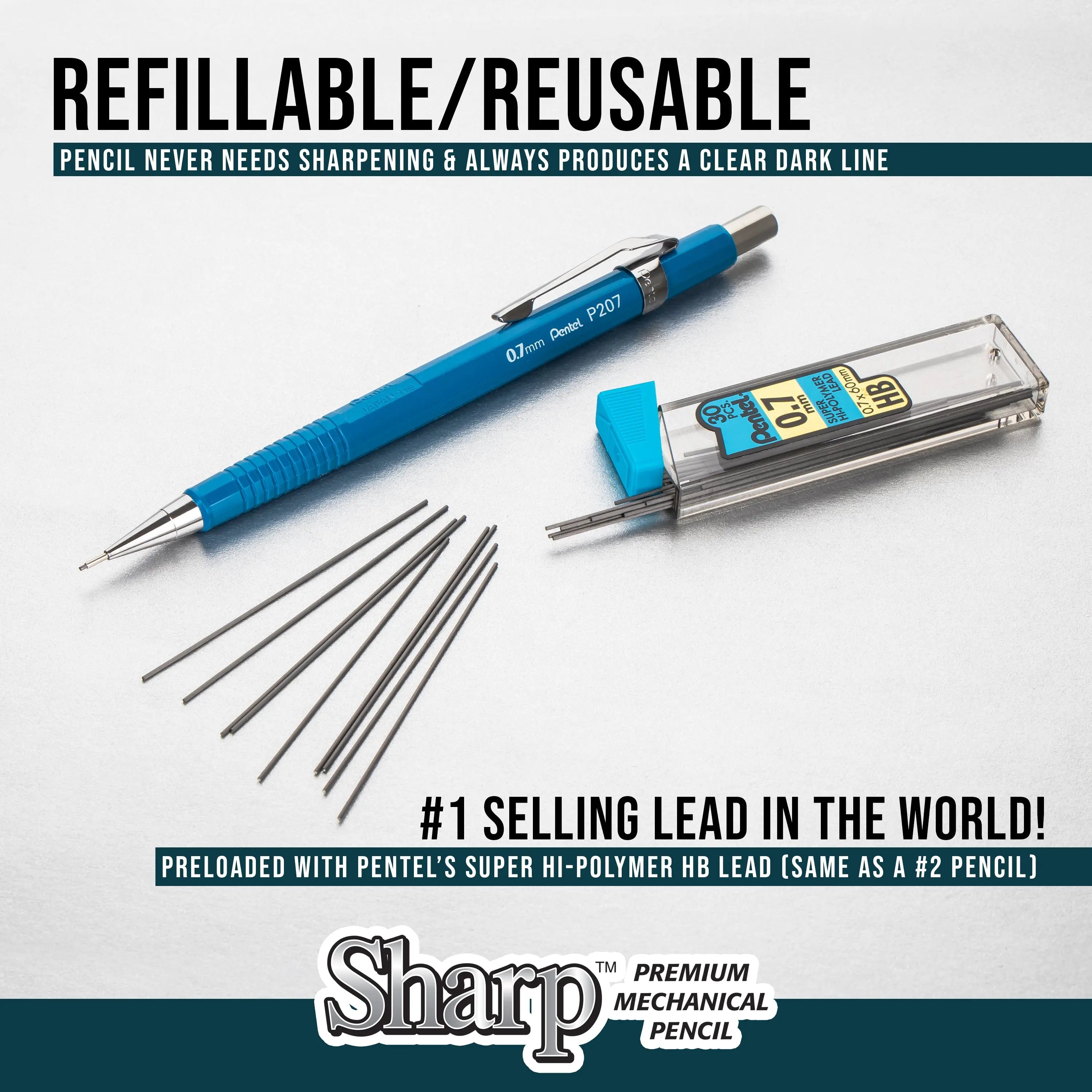 Blue mechanical pencil with metallic barrel alongside a case of 0.7mm refill leads, highlighting refillable design and premium quality for clear, dark writing lines.
