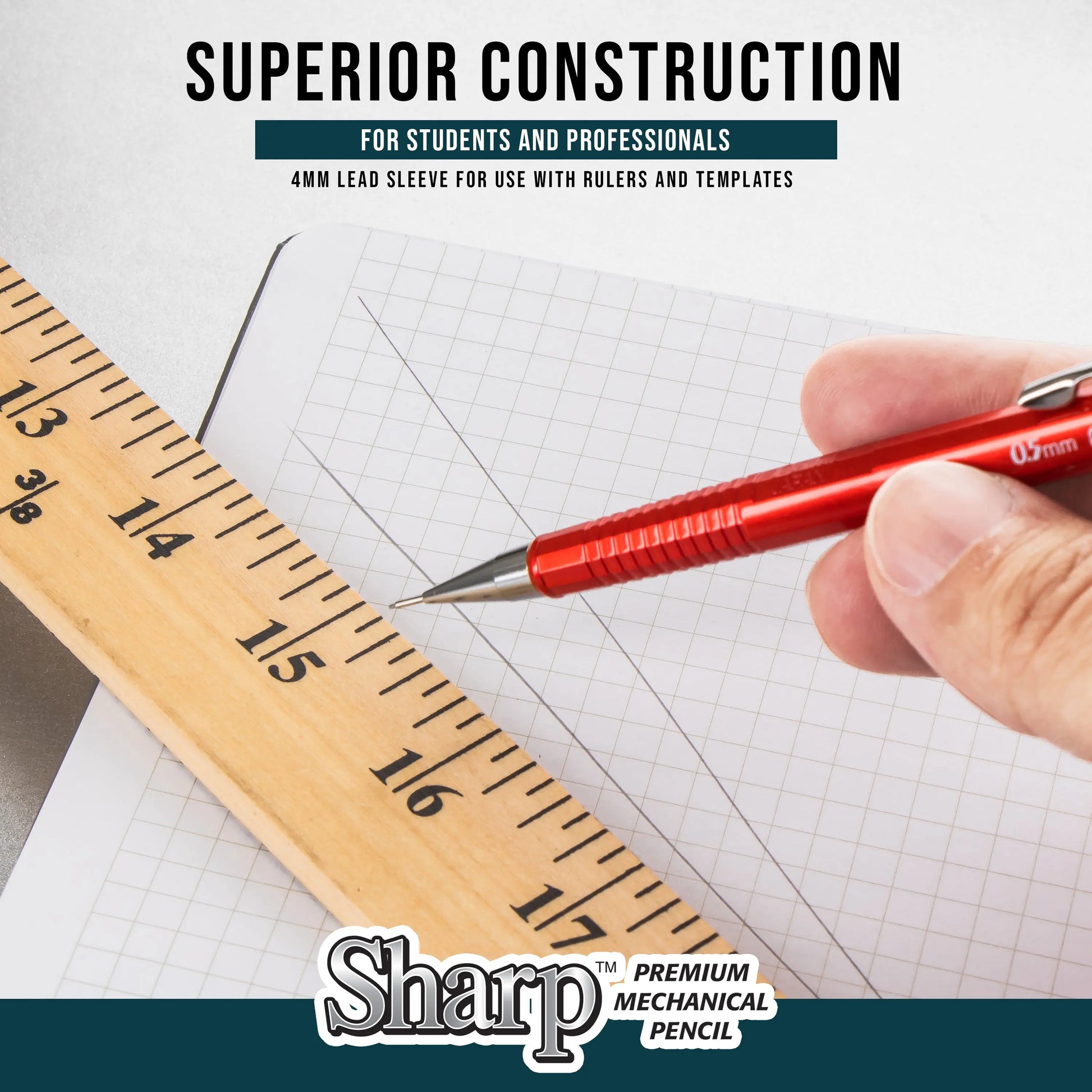 Hand holding a red mechanical pencil with a 0.7mm lead sleeve, drawing precise lines along a wooden ruler on graph paper, highlighting superior construction for students and professionals.