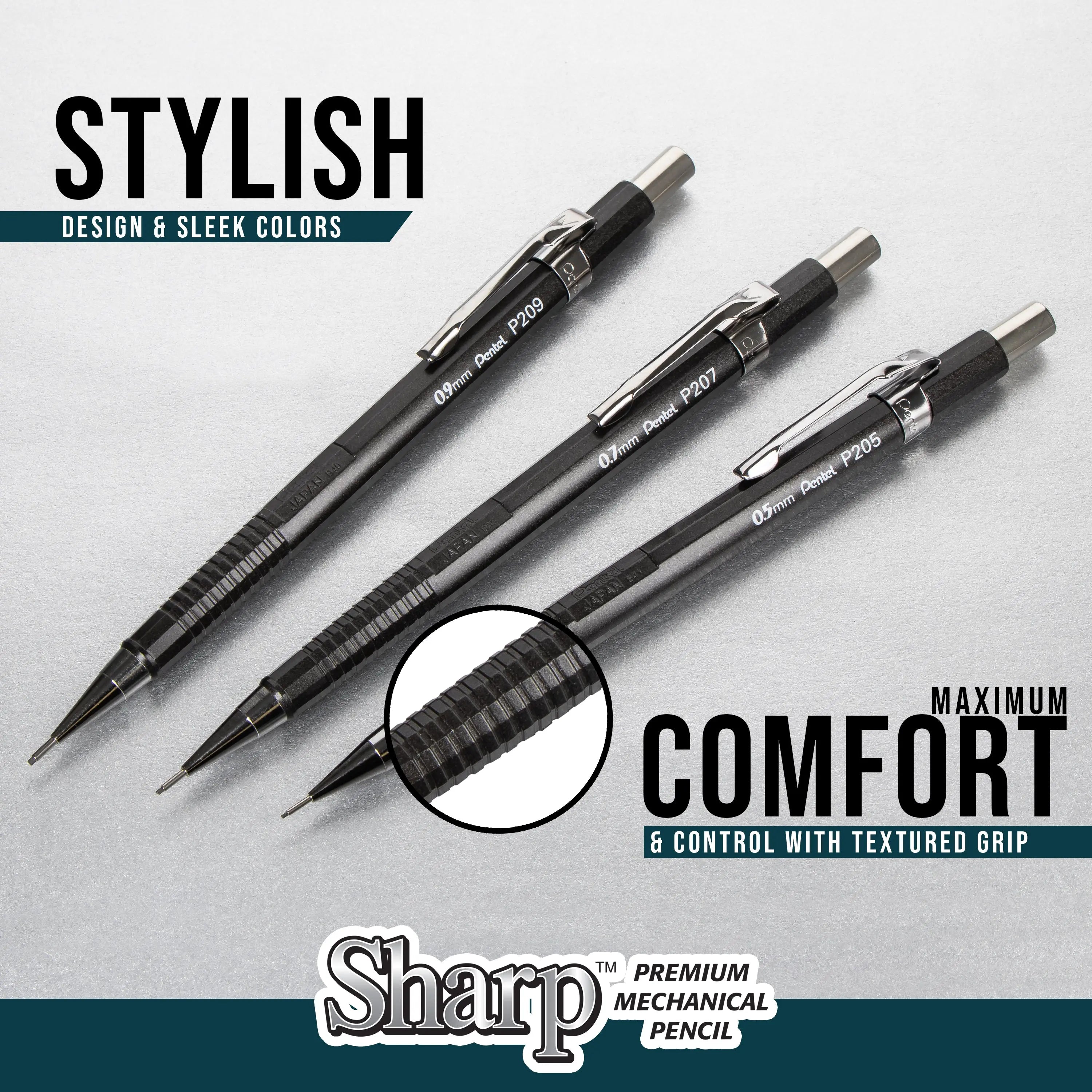 Three black mechanical pencils with metallic clips and textured grips arranged diagonally on a light surface, highlighting their stylish design and comfort features.