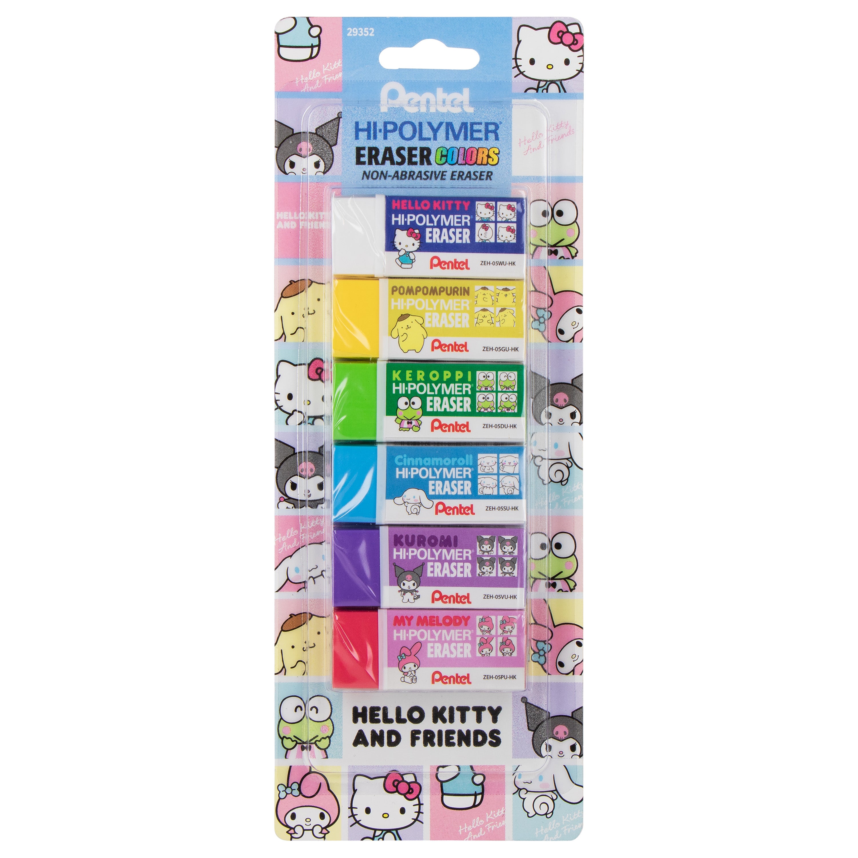 Pentel Hi-Polymer Block Eraser Colors, Hello Kitty® and Friends, Limited Edition, Small Block, Assorted Colors, 6-Pk