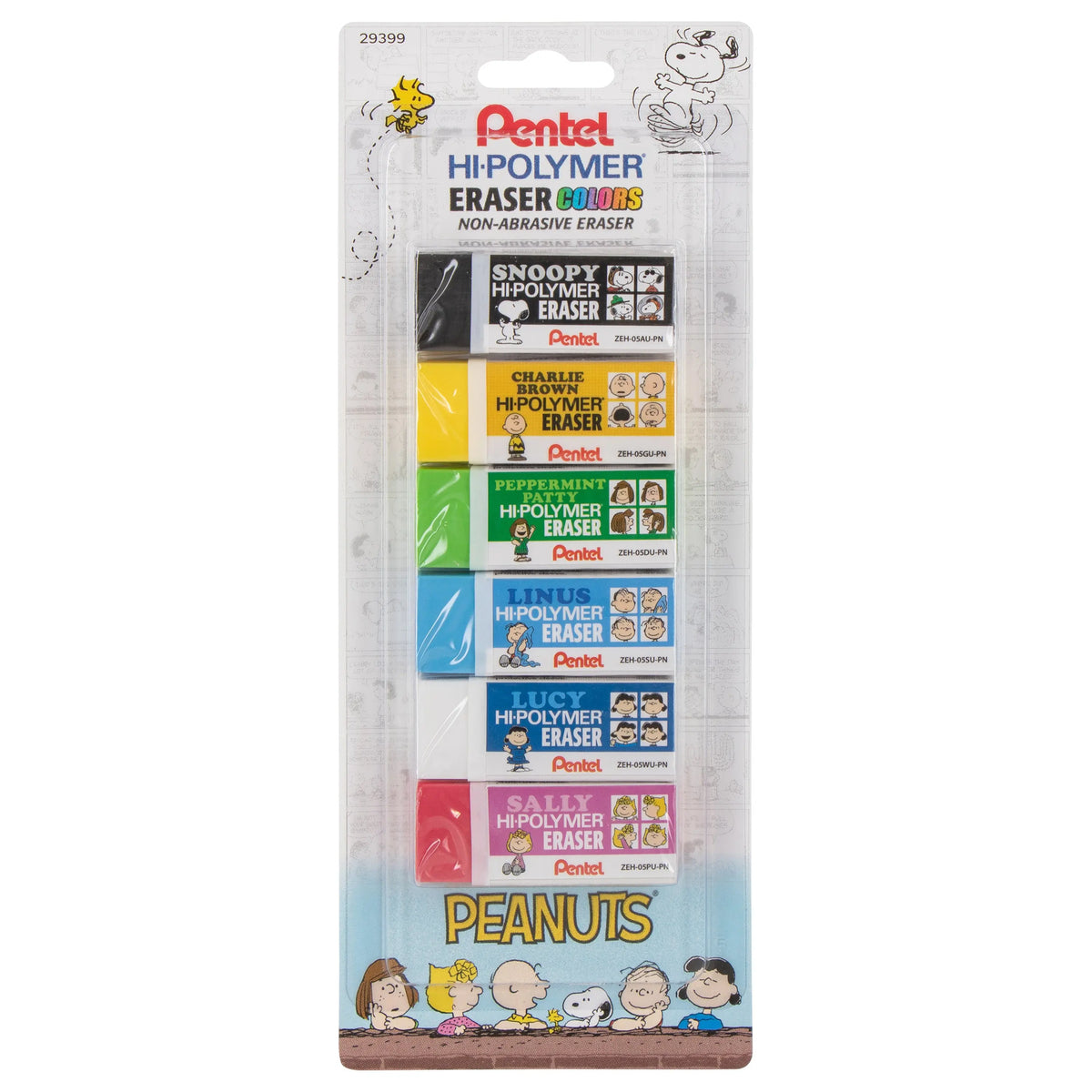 PEANUTS Pentel Hi Polymer eraser six pack in assorted colors displayed in clear packaging with Snoopy and friends designs for pencils and art supplies