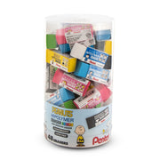 Clear canister display filled with 48 colorful PEANUTS themed Pentel Hi Polymer block erasers featuring Snoopy and Charlie Brown artwork for school and art supplies