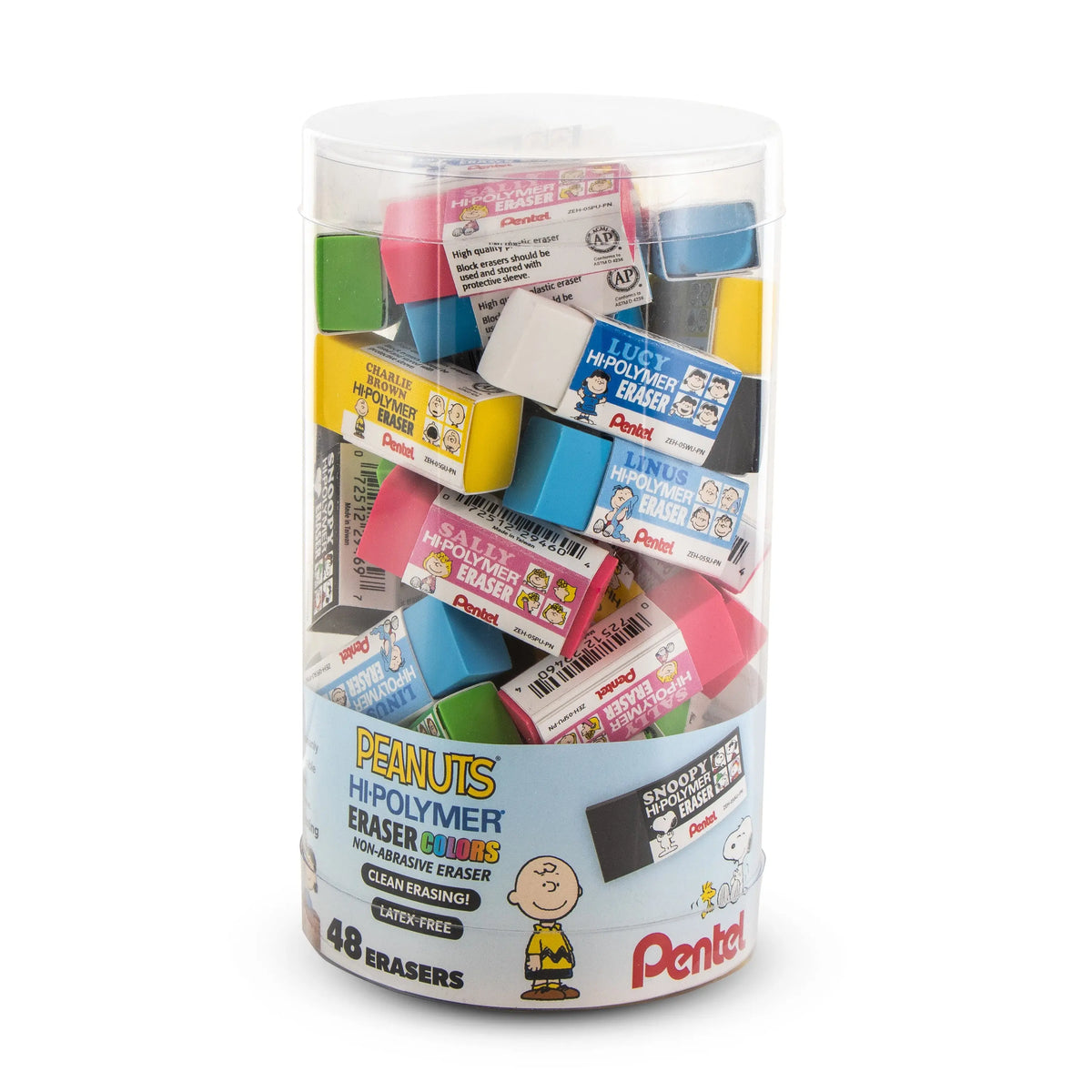 Clear canister display filled with 48 colorful PEANUTS themed Pentel Hi Polymer block erasers featuring Snoopy and Charlie Brown artwork for school and art supplies