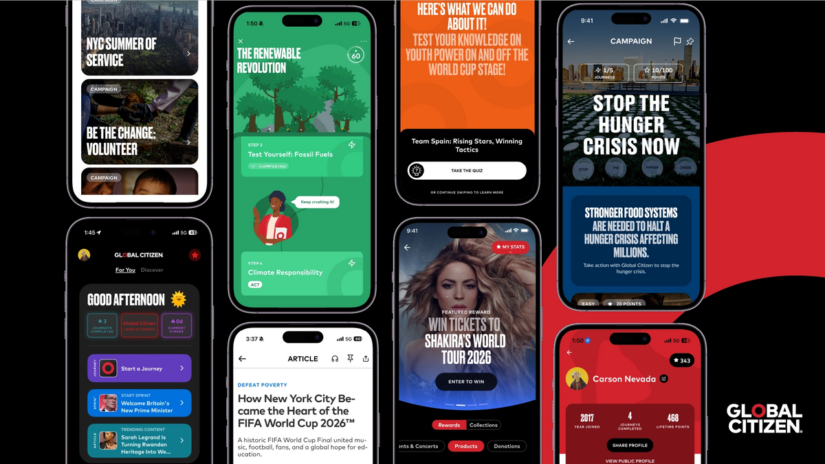 Collage of smartphone screens displaying Global Citizen news articles, campaign pages, videos, and climate and humanitarian content on colorful mobile interfaces