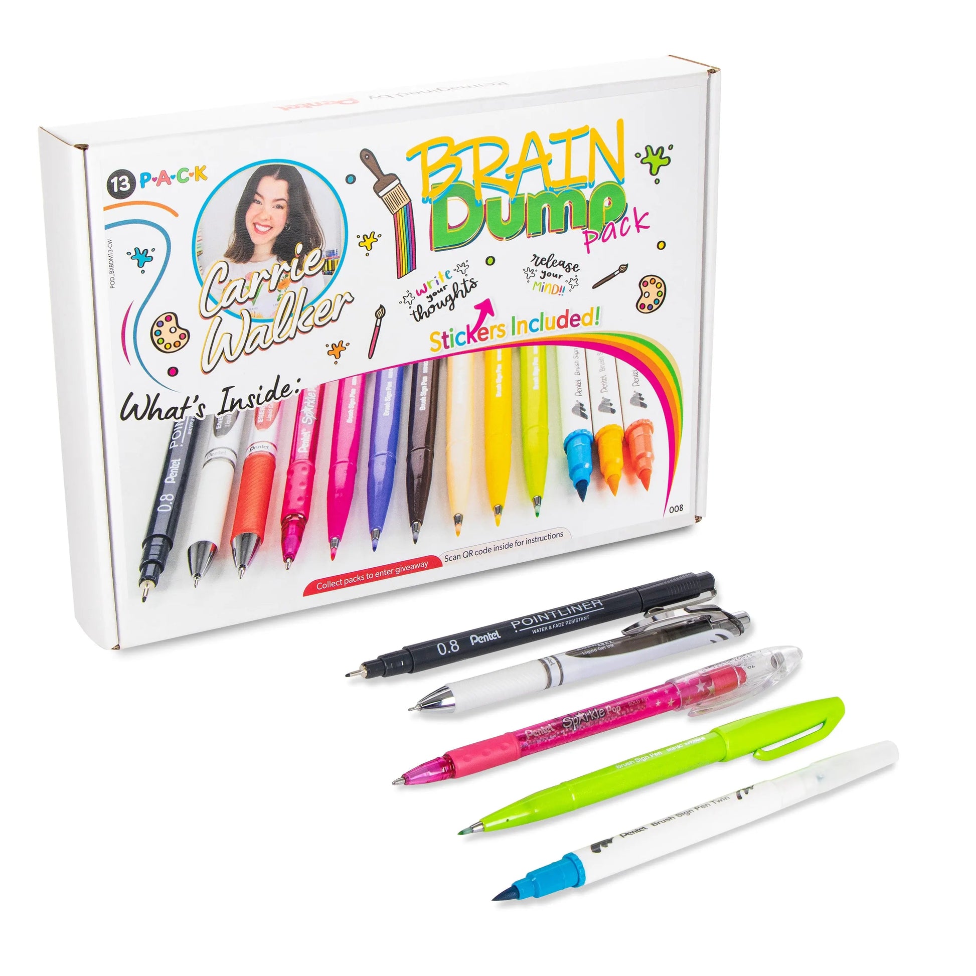 Set of colorful pens and markers displayed alongside a white box labeled with bright graphics and the name Carrie Walker, ideal for creative journaling and brain dumping.