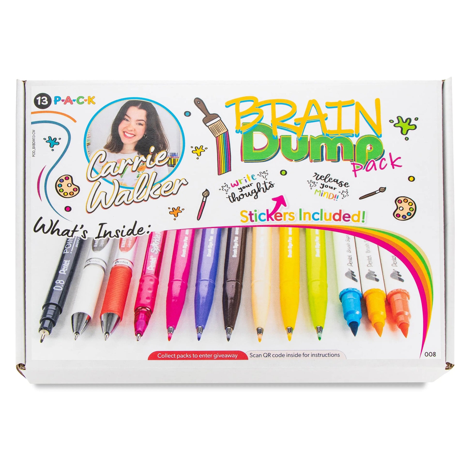 Set of colorful pens and markers arranged in a box featuring artist Carrie Walker, highlighting a creative journaling pack with writing tools and included stickers for imaginative expression.