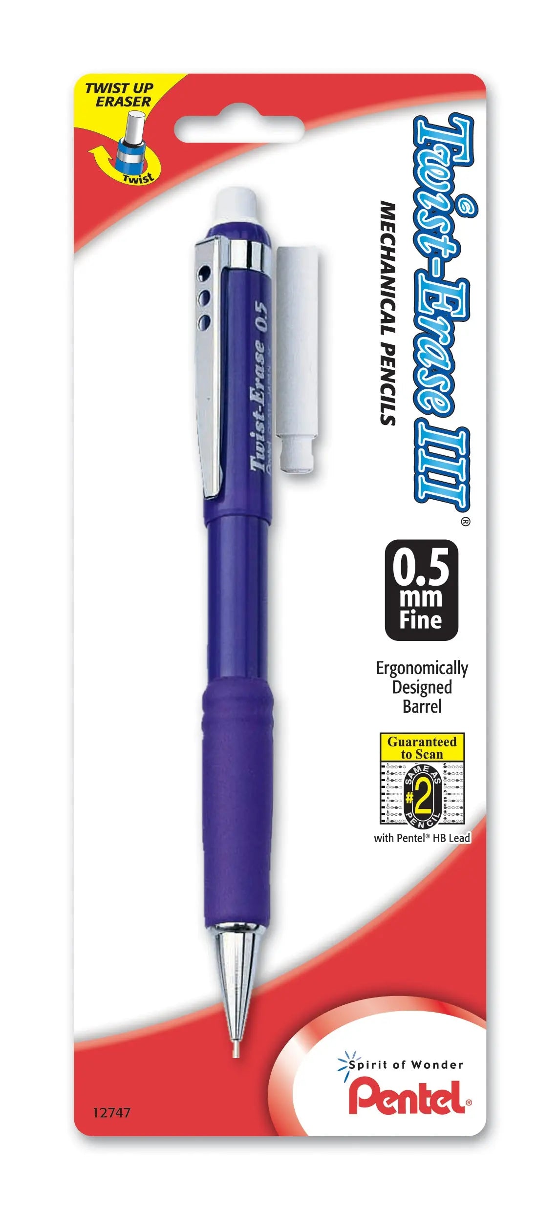Purple mechanical pencil with an ergonomic grip and twist-up eraser, 0.5mm fine lead, packaged with one eraser refill, designed for precision writing and drawing.