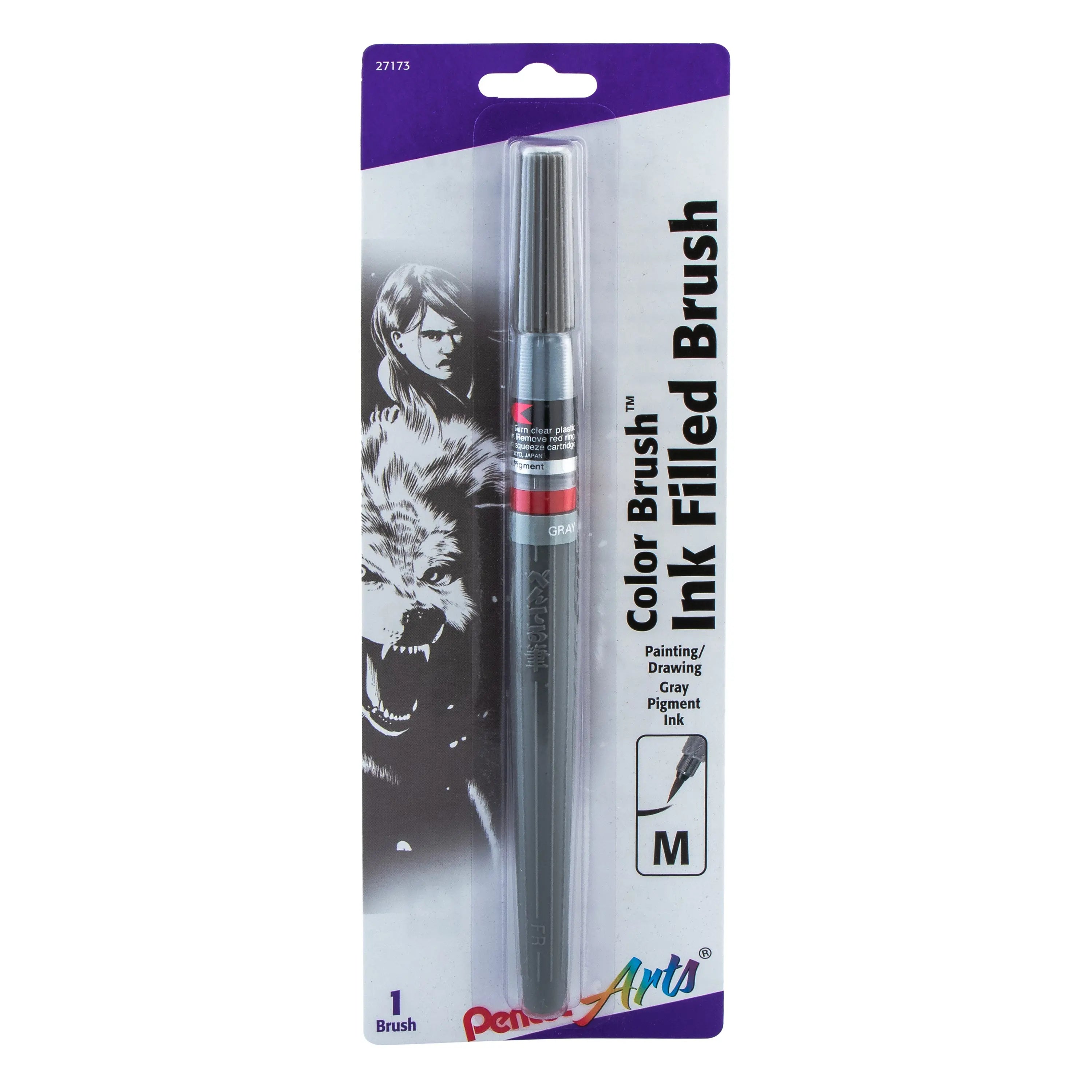 Pentel Arts ink filled brush with gray pigment ink, featuring a durable flexible tip for precise control, shown in original packaging designed for painting and drawing.