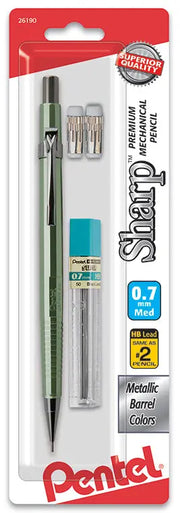 Pentel Sharp mechanical pencil with metallic green barrel, 0.7mm HB lead refill container, two erasers, and extra lead clips, designed as a premium writing tool.
