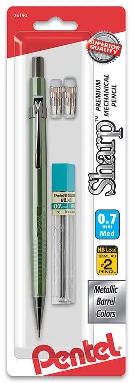 Pentel Sharp mechanical pencil with metallic green barrel, 0.7mm HB lead refill container, two erasers, and extra lead clips, designed as a premium writing tool.