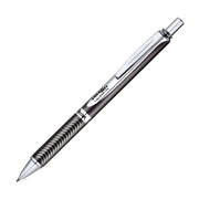 Sleek black gel pen with a silver clip and click mechanism, featuring a textured grip for comfortable writing and smooth liquid gel ink for premium performance.