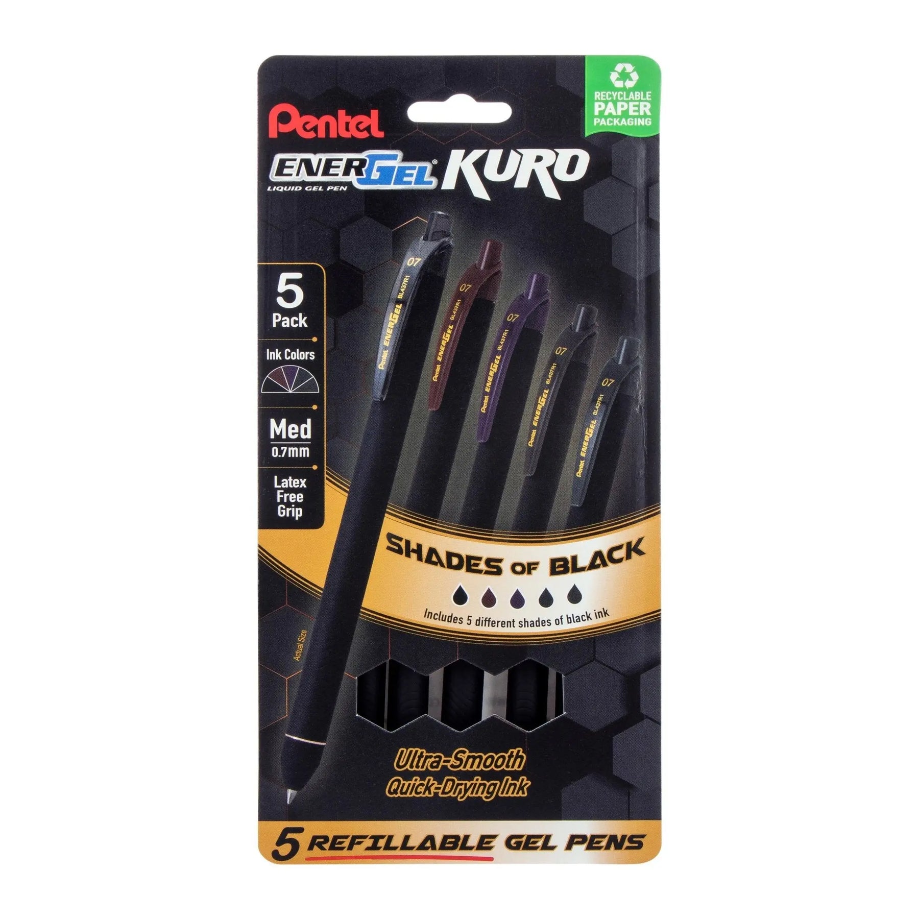 EnerGel Kuro, Shades of Black, Liquid Gel Pen, 0.7mm, 5 - pk - Pentel of America, Ltd.