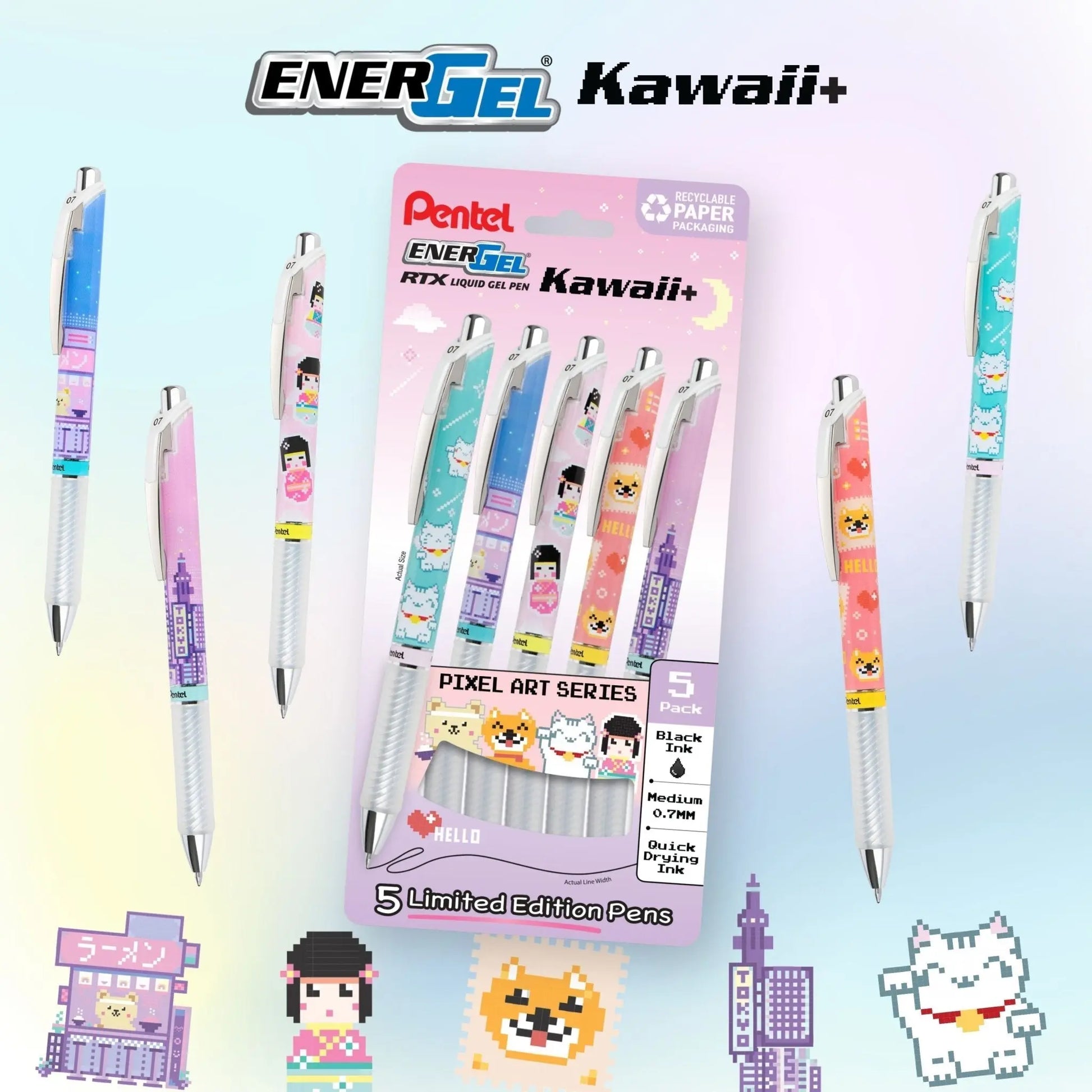EnerGel RTX, Liquid Gel Pen, Special Kawaii Tokyo Designs, 0.7mm, Black Ink, 5 - PK - Pentel of America, Ltd.