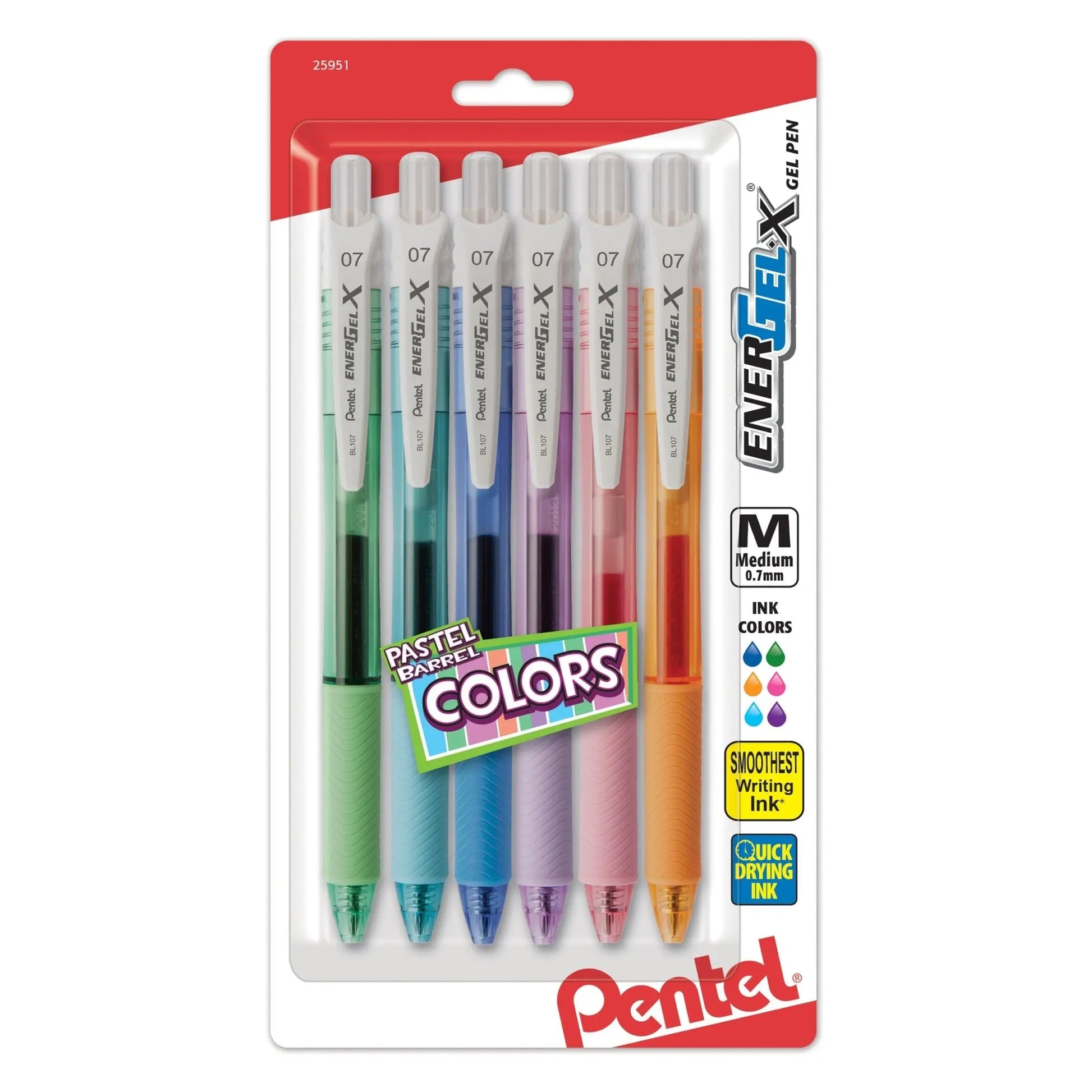 EnerGel - X Pastel Barrels Retractable, (0.7mm) Metal Tip, Medium Line, Assorted Ink (C/D/F/P/S/V) 6 - Pk - Pentel of America, Ltd.